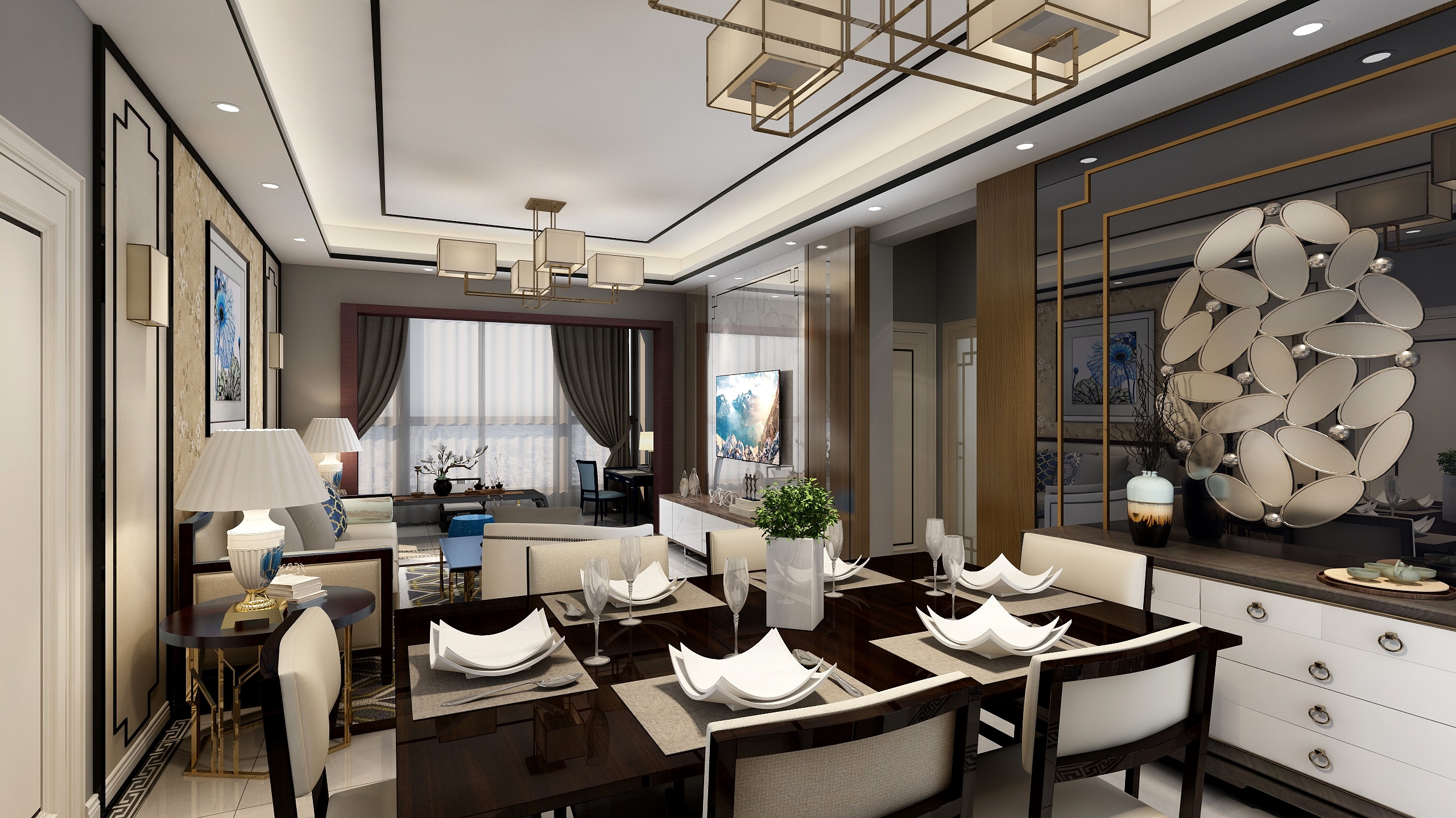 墨染苍月-东岸华庭E2户型方案效果图-装修设计方案