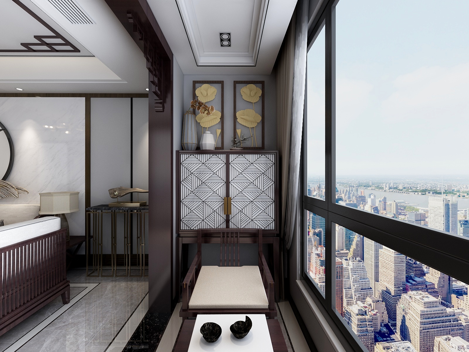 李青越-137㎡新中式三居一层阳台装修效果图第2张