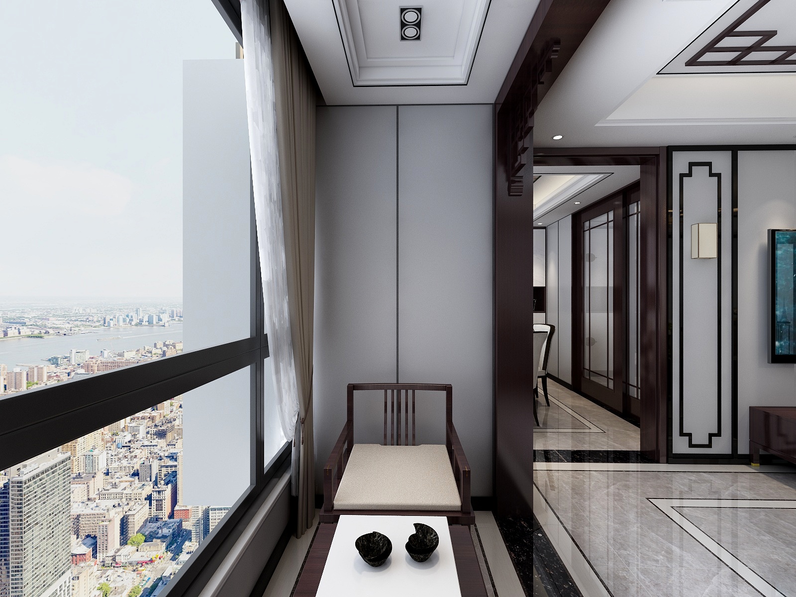 李青越-137㎡新中式三居一层阳台装修效果图第1张