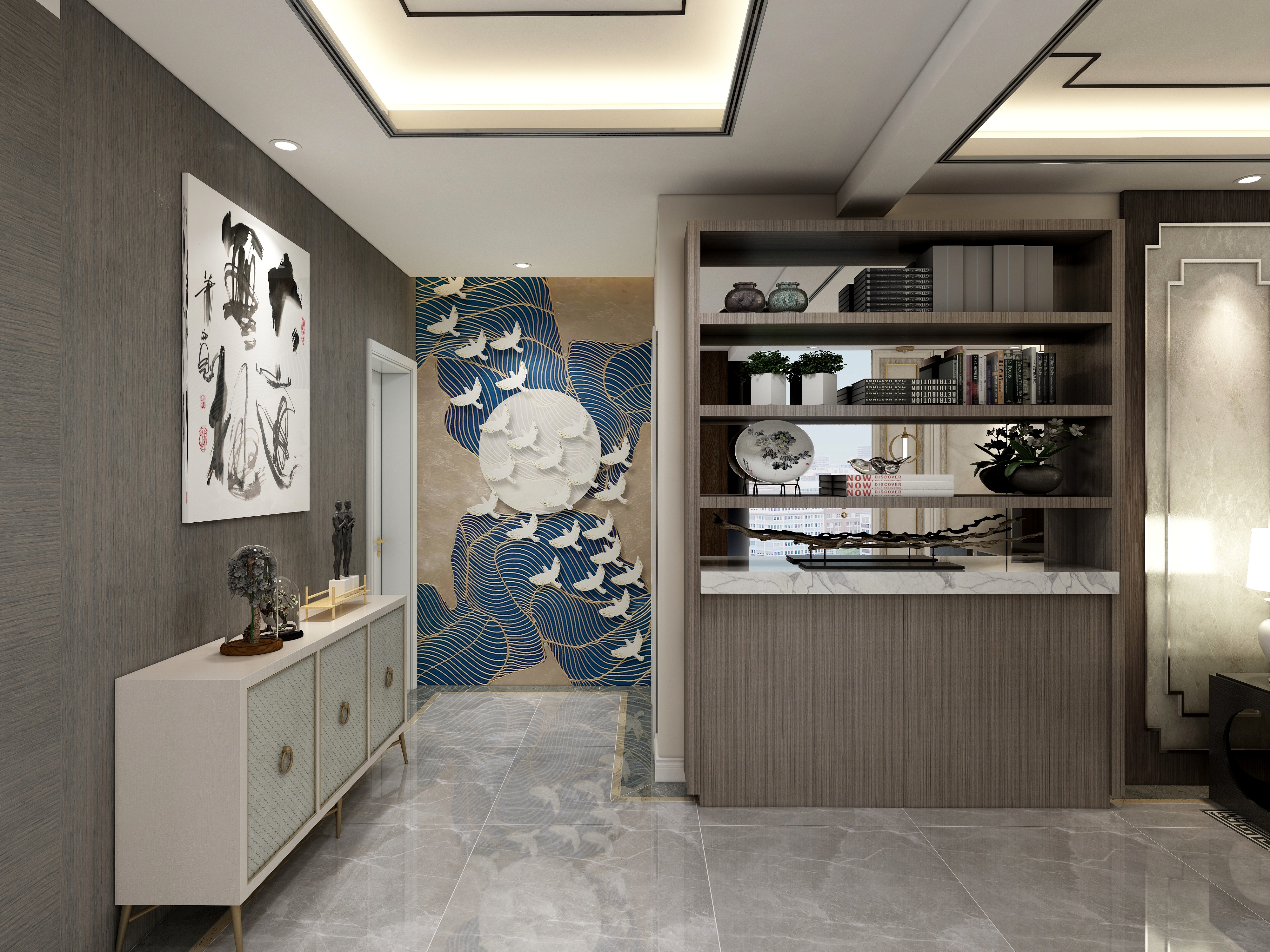 李青越-134㎡新中式两居一层客餐厅装修效果图第2张