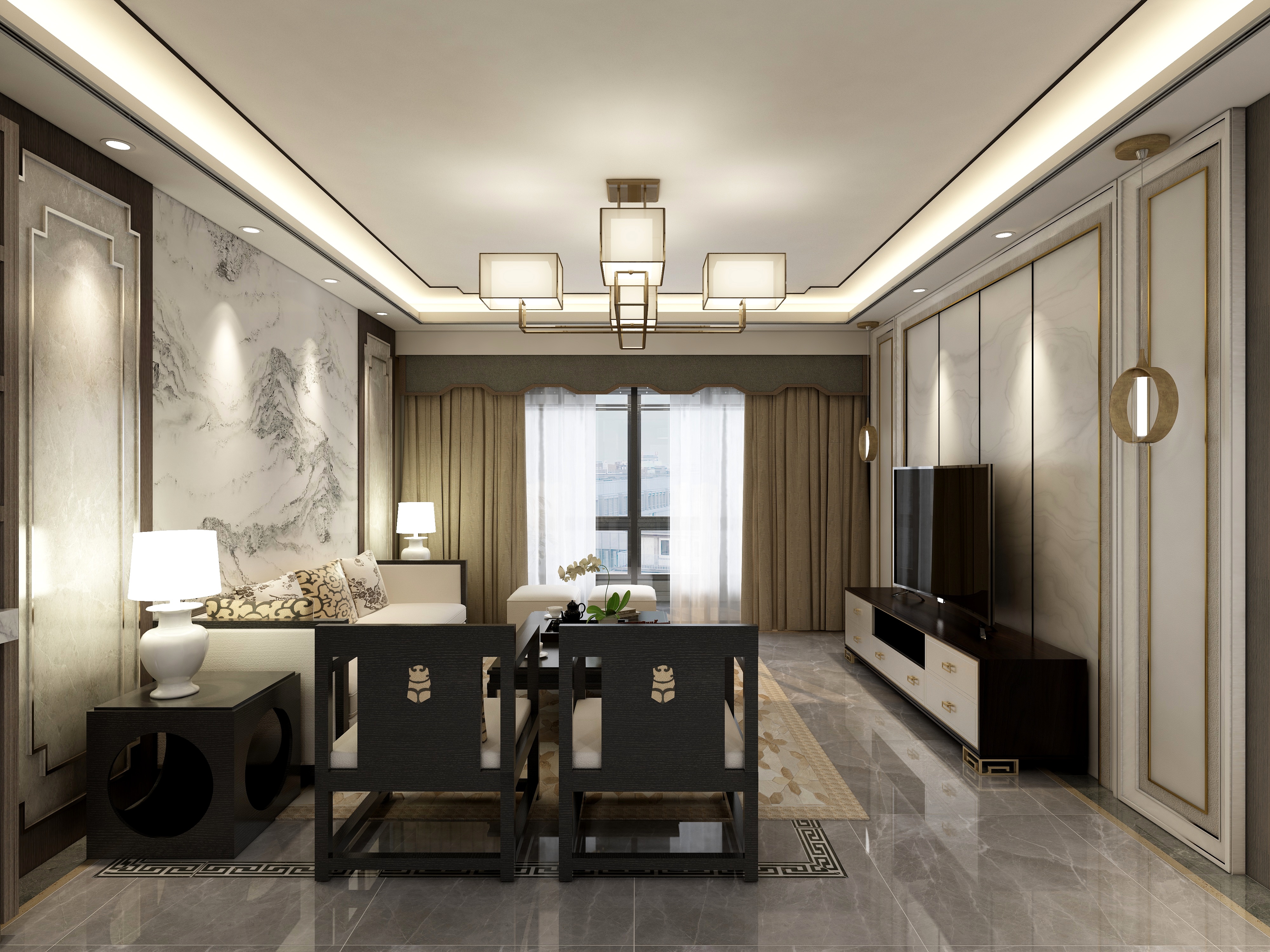 李青越-134㎡新中式两居一层客餐厅装修效果图第1张