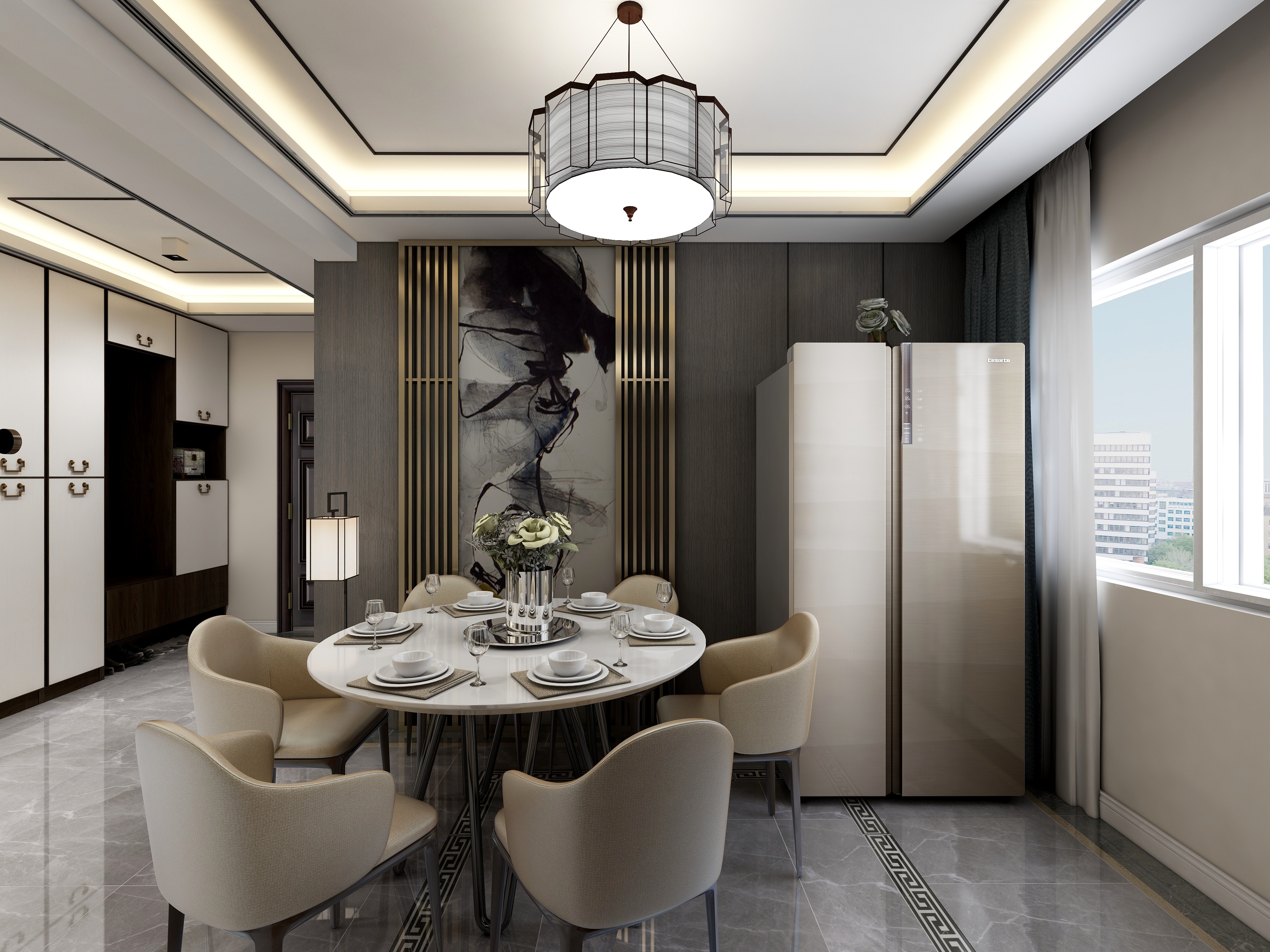 李青越-134㎡新中式两居一层客餐厅装修效果图第3张