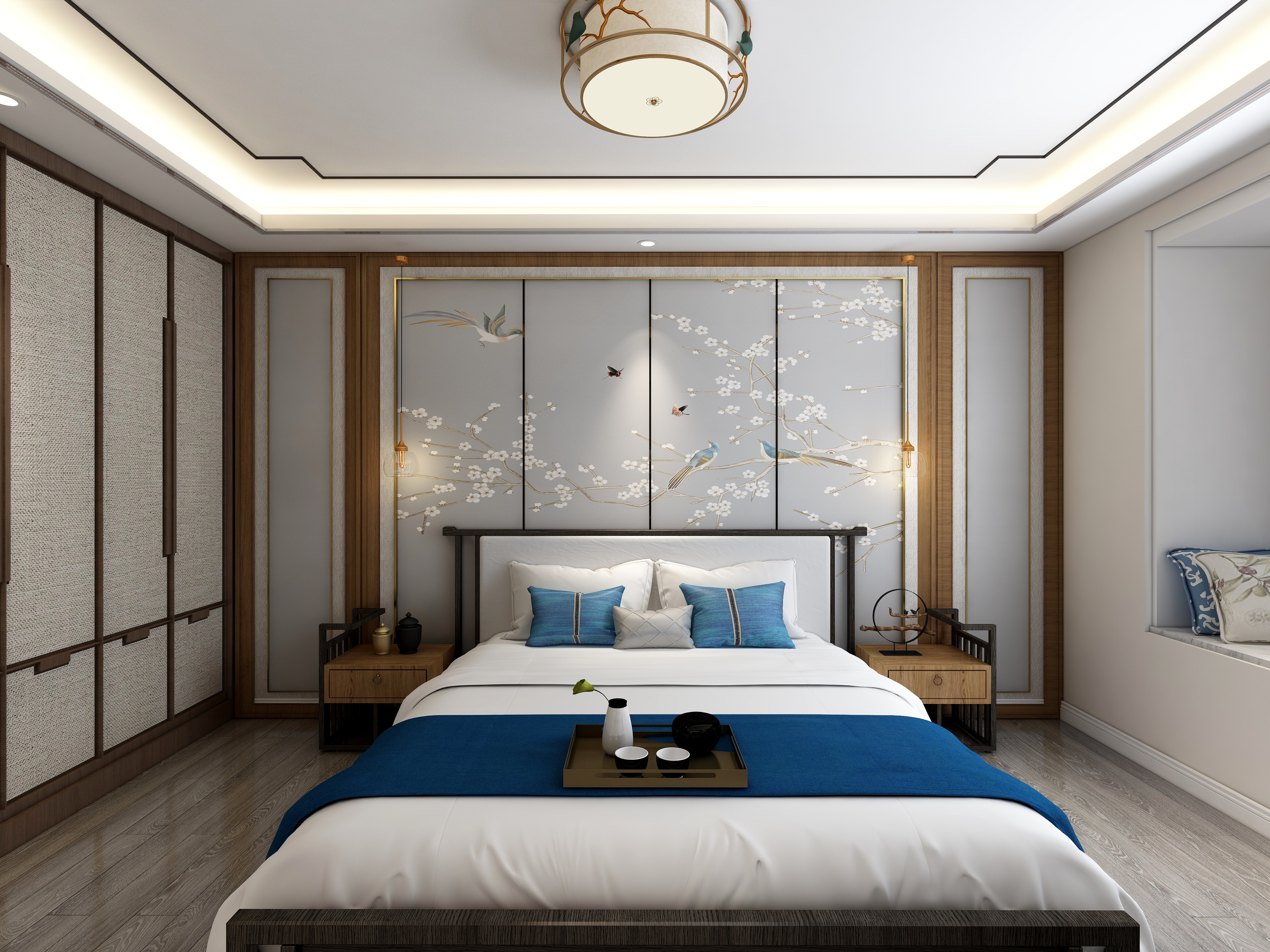 李青越-134㎡新中式两居一层主卧装修效果图第3张