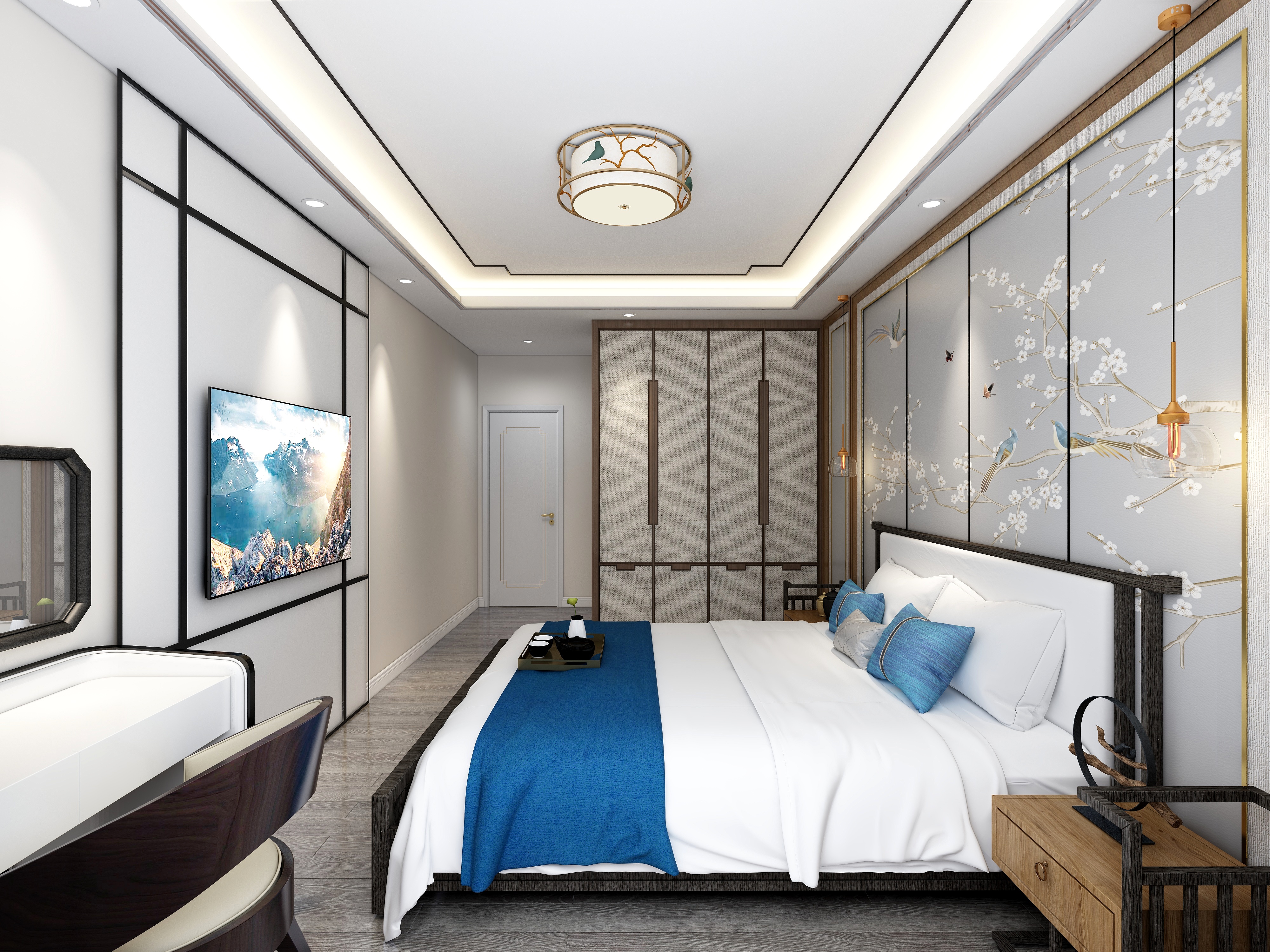 李青越-134㎡新中式两居一层主卧装修效果图第1张