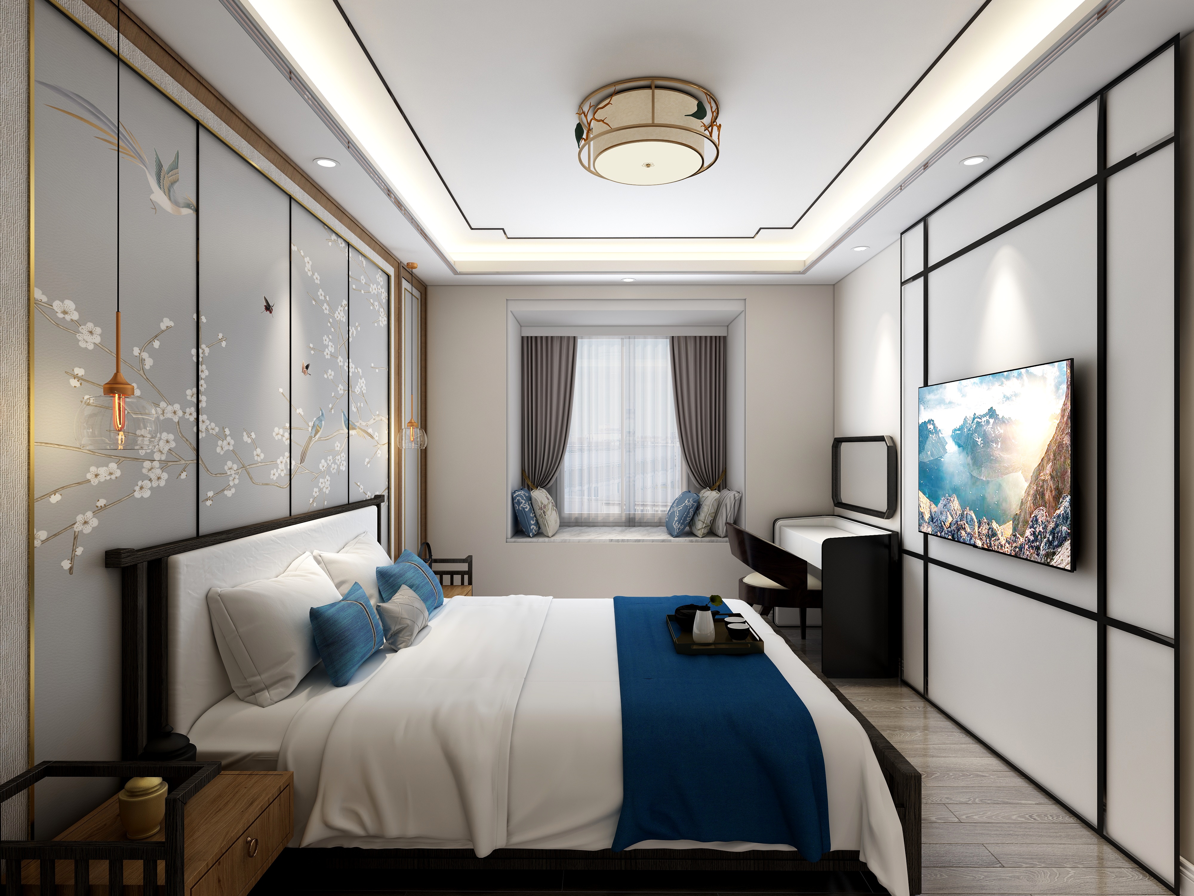 李青越-134㎡新中式两居一层主卧装修效果图第2张