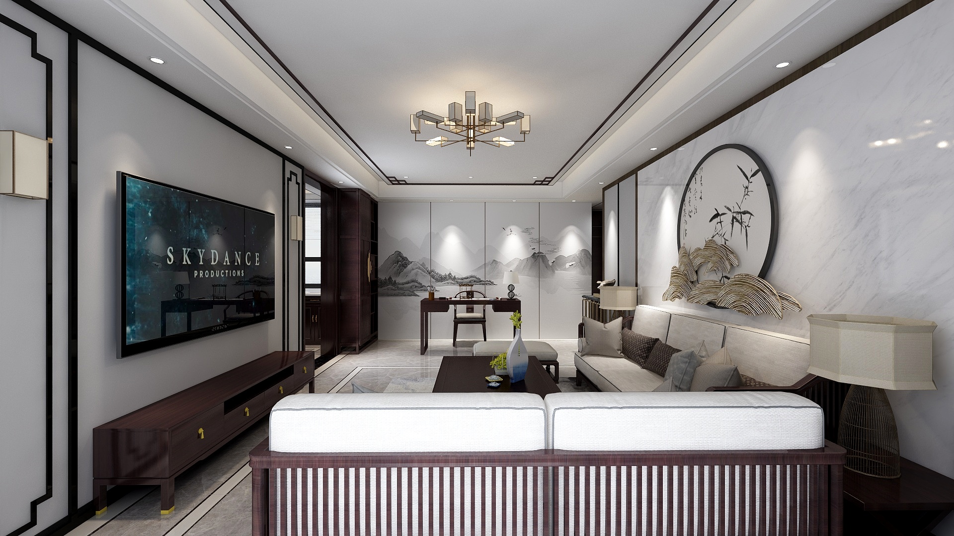 李青越-137㎡新中式三居一层客厅装修效果图第1张