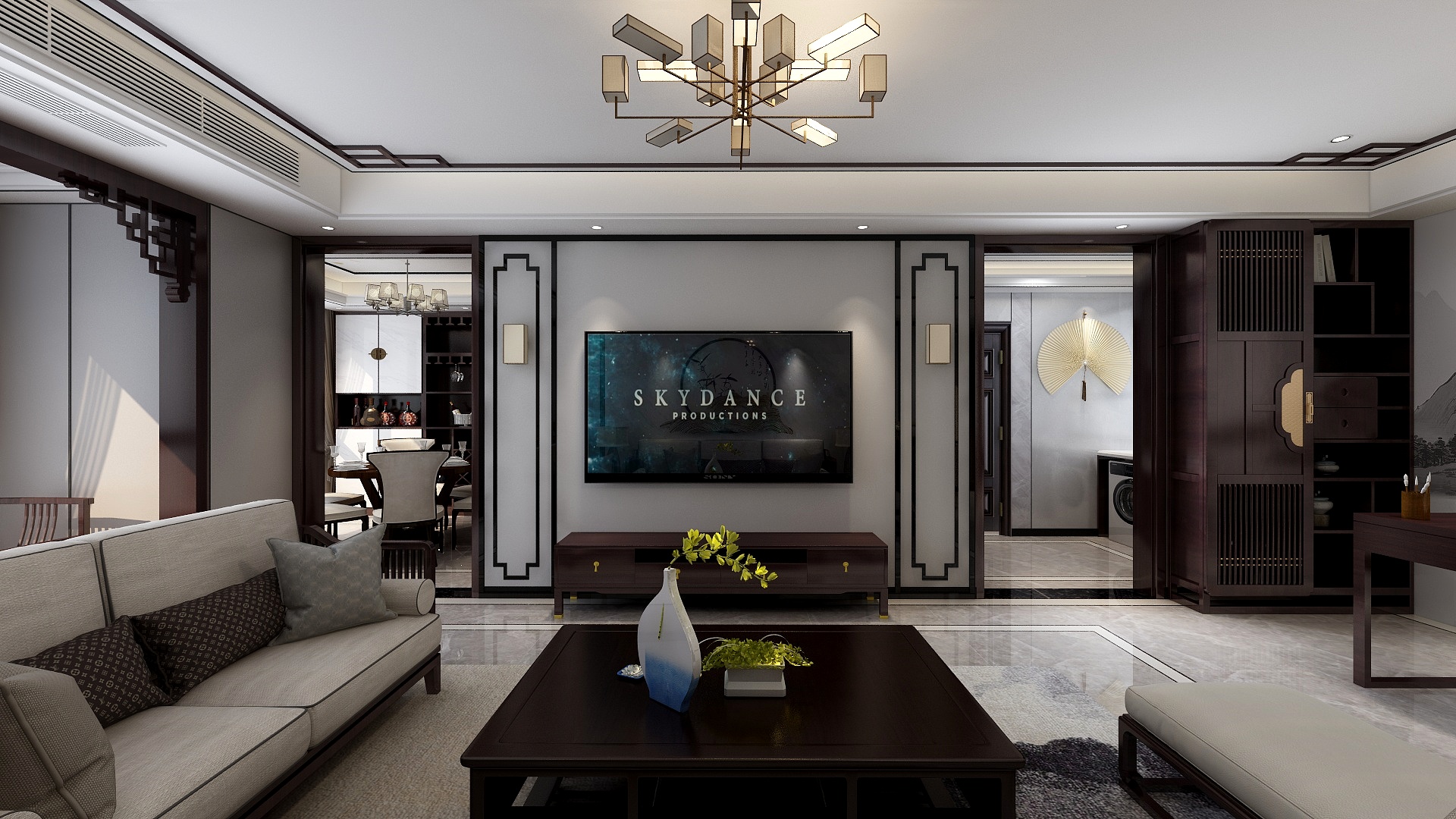 李青越-137㎡新中式三居一层客厅装修效果图第2张