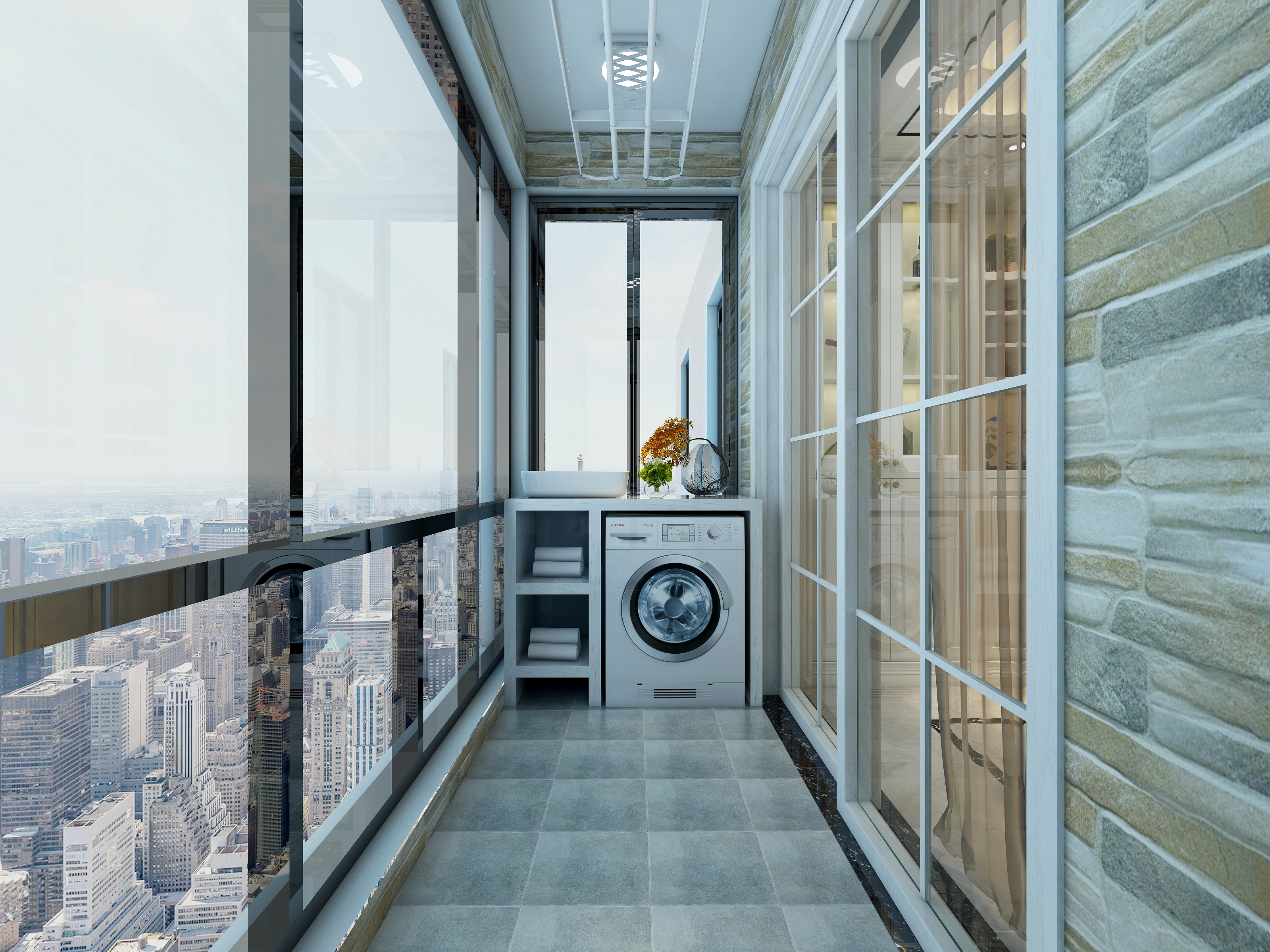 李立猛-现代简约三居室一层生活阳台装修效果图第2张