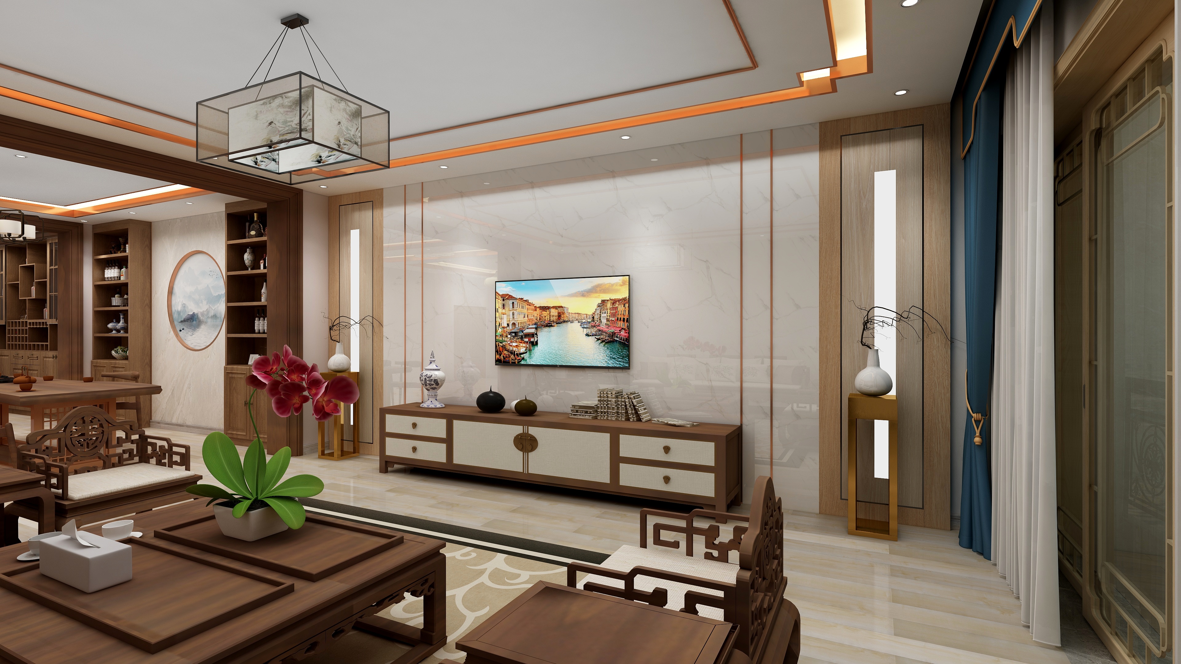 云启室内设计部-新中式客餐厅装修效果图