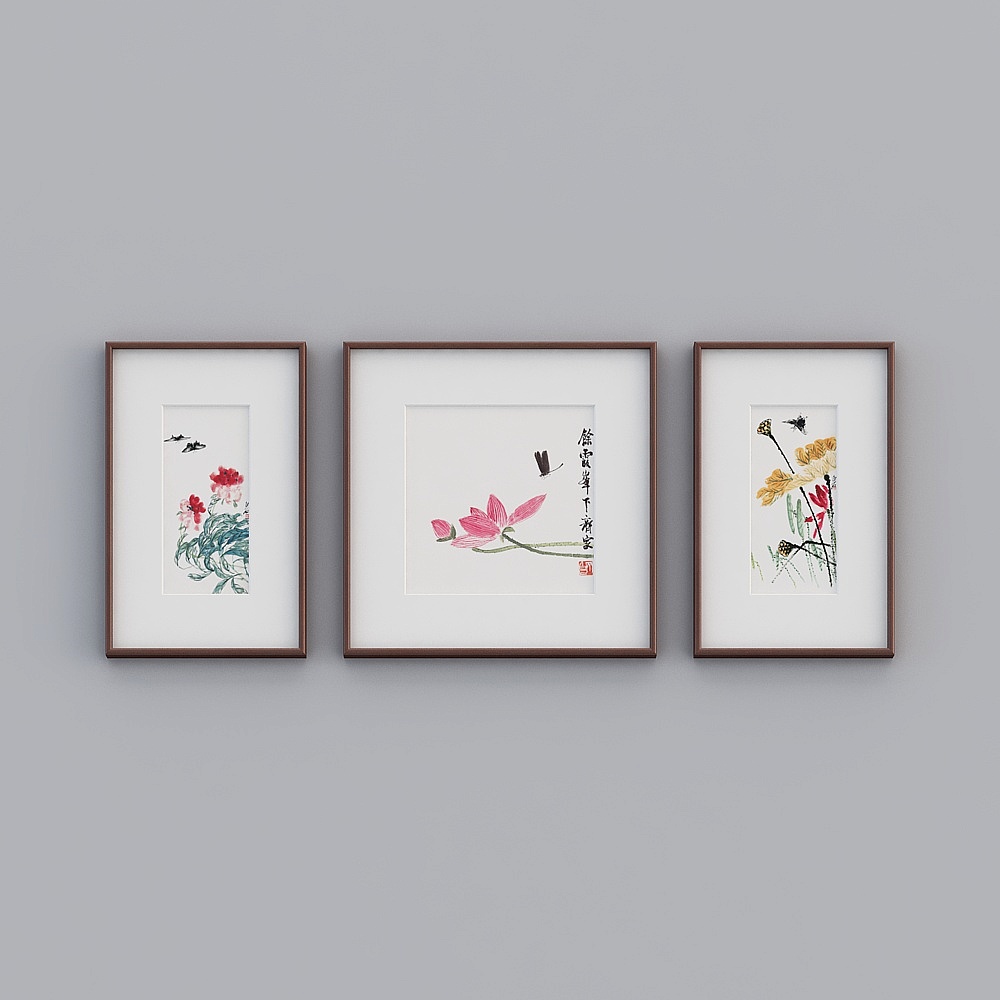 齐白石新中式荷花图莲花挂画客厅装饰画壁画花鸟国画版画作品twclz-zs-gg-sk-23D模型