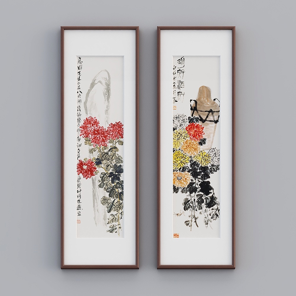 起贝新中式组合竖款红木色实木框吉祥菊花图43x133cm花卉风景twhxd-zs-gg-sk-12