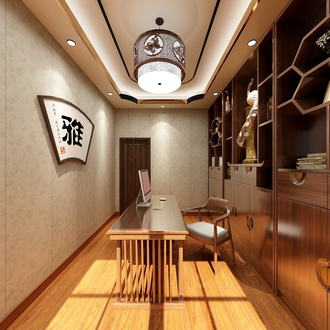 至简名设-文稳康-154方新中式三居一层书房装修效果图第3张