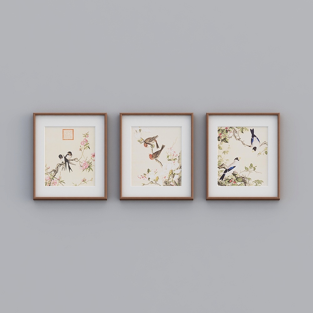 起贝新中式三联竖款海棠色实木框春意满堂58x68cm工笔花鸟twhxd-zs-gg-sk-73D模型