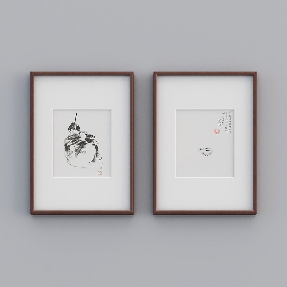 八大山人现代新中式水墨禅意挂画书房茶室装饰画泼墨版画作品twrgz-zs-gg-sk-143D模型
