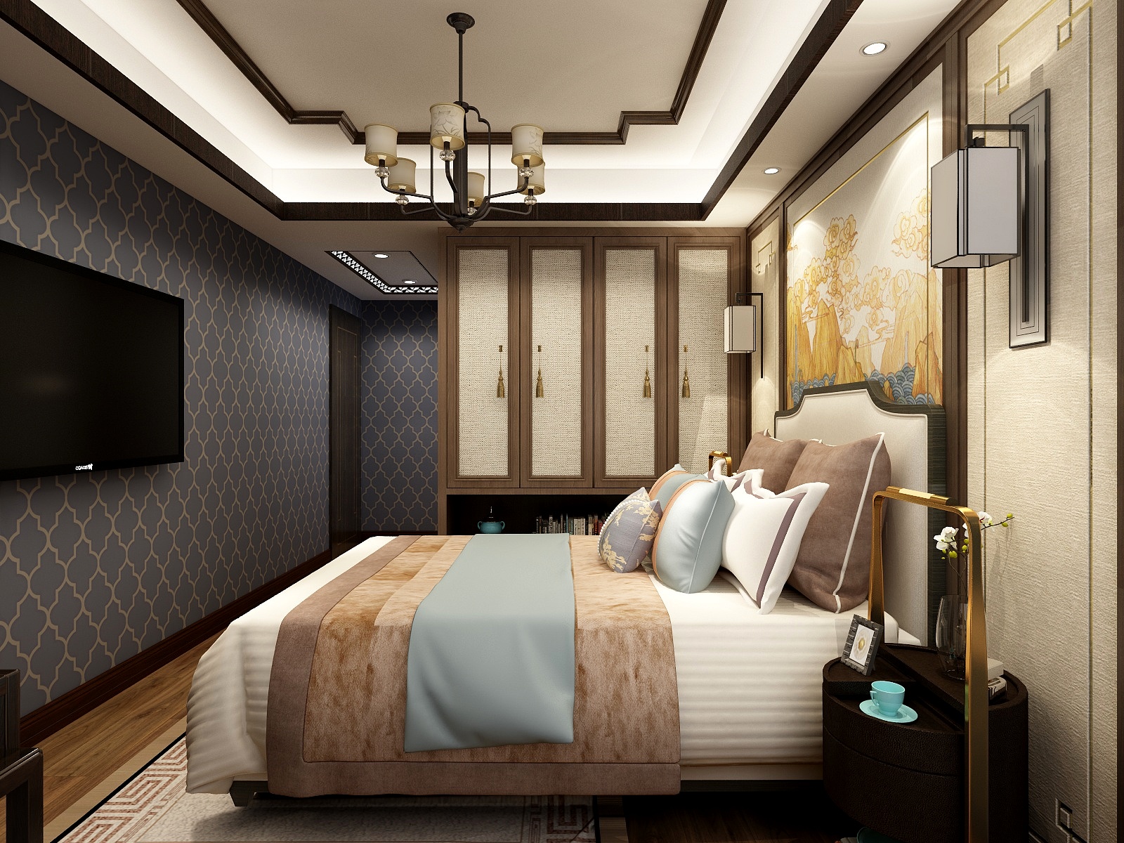 王叶辉-129方新中式三居一层主卧装修效果图第1张