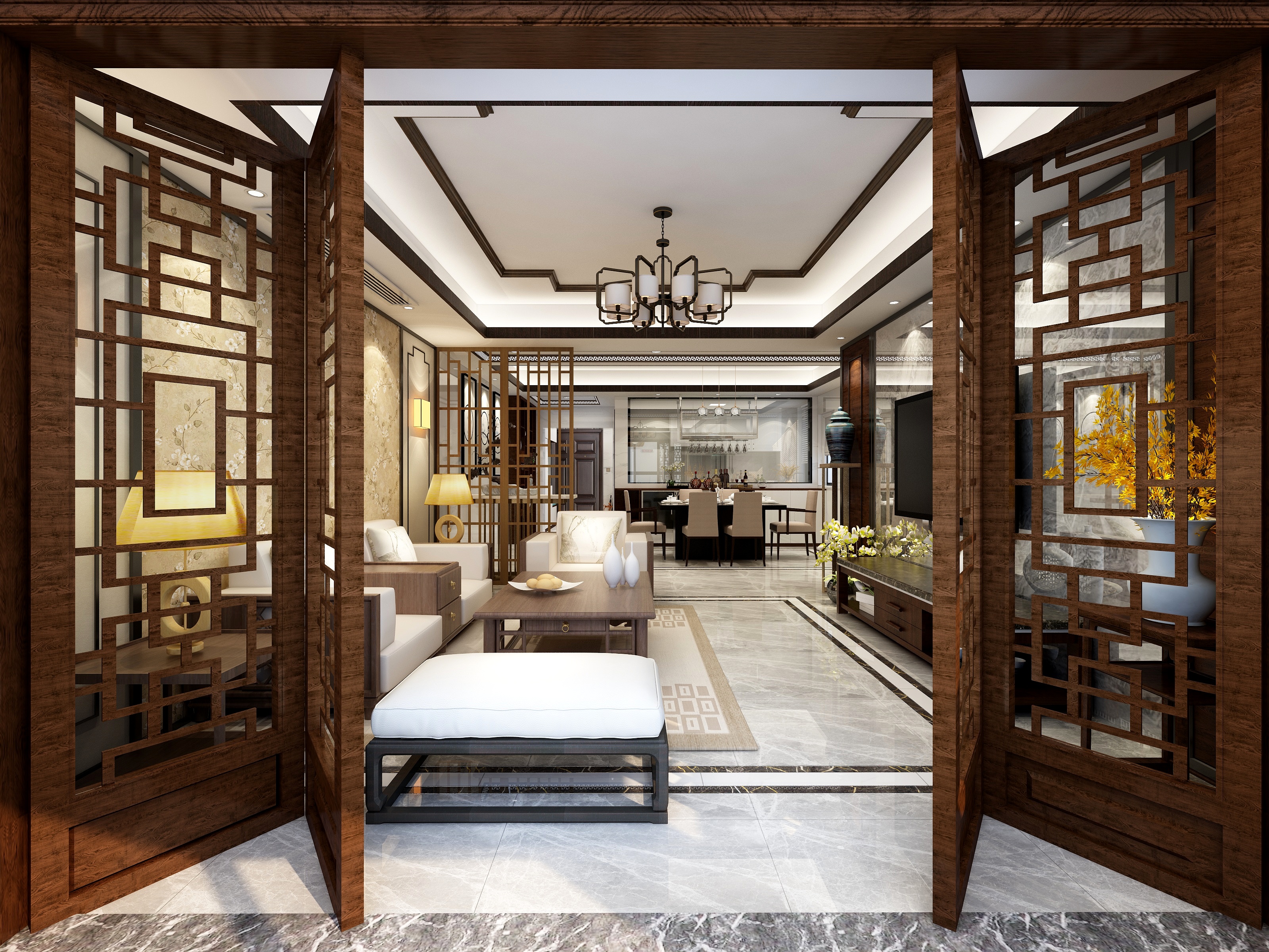 王叶辉-129方新中式三居一层阳台装修效果图第2张