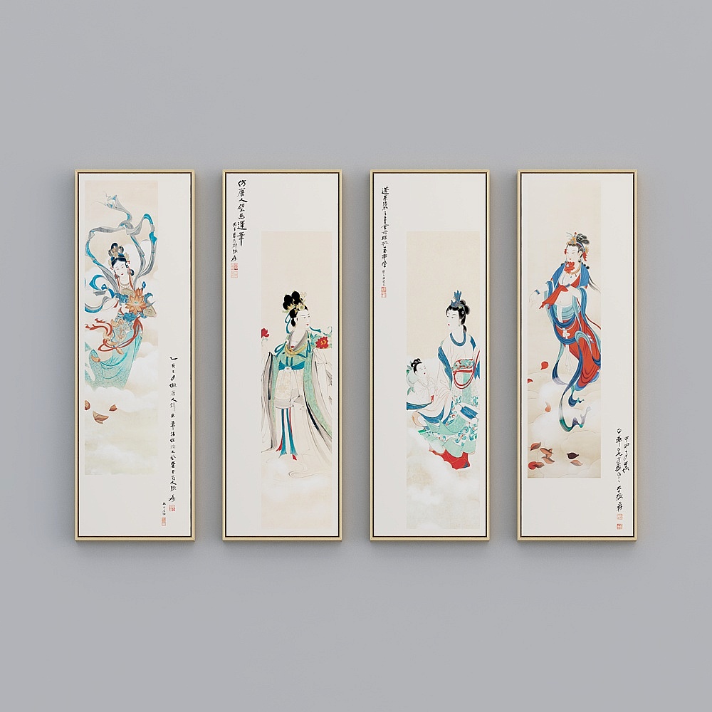 起贝新中式四联竖款木色框张大千仕女图43x133cm人物bwclz-x-73D模型