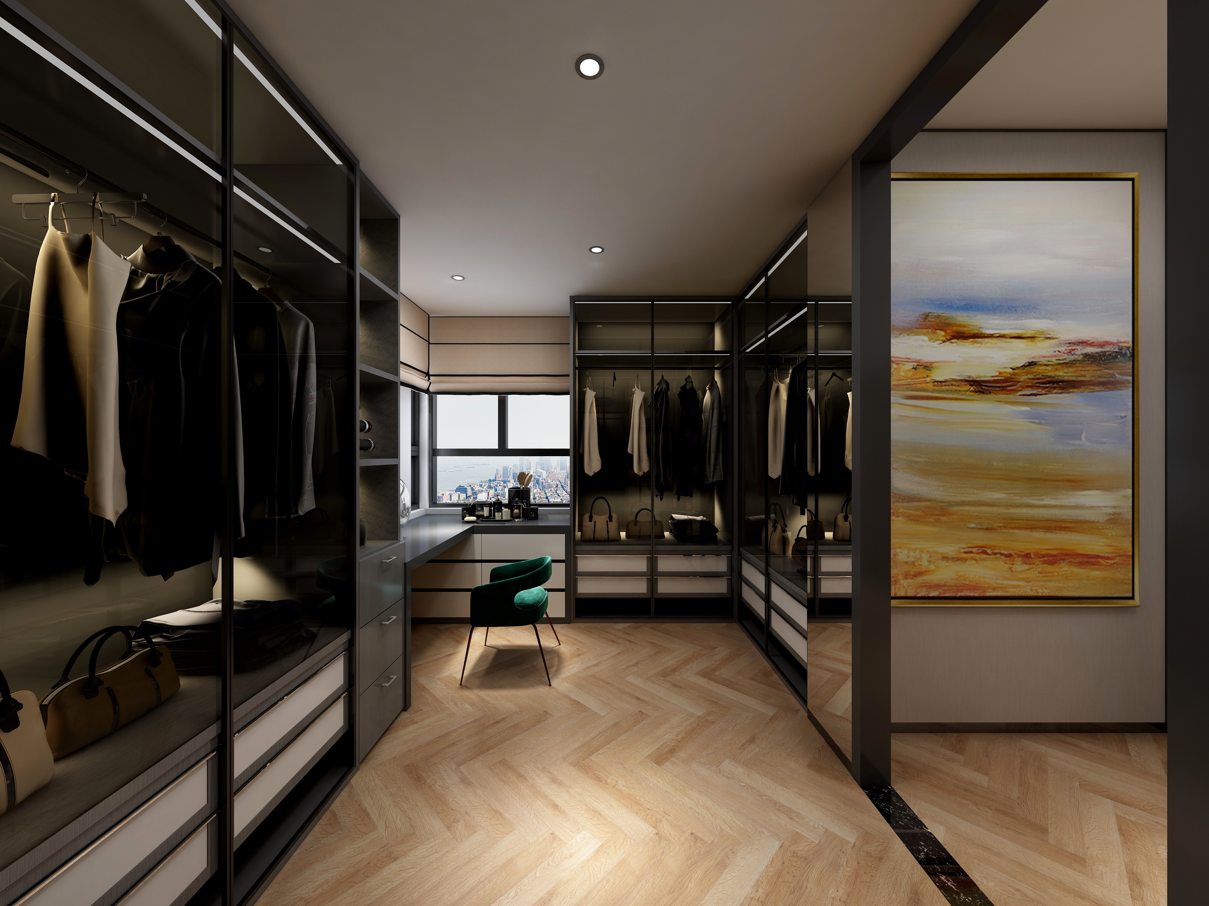 李青越-194㎡新中式别墅三层衣帽间装修效果图第1张
