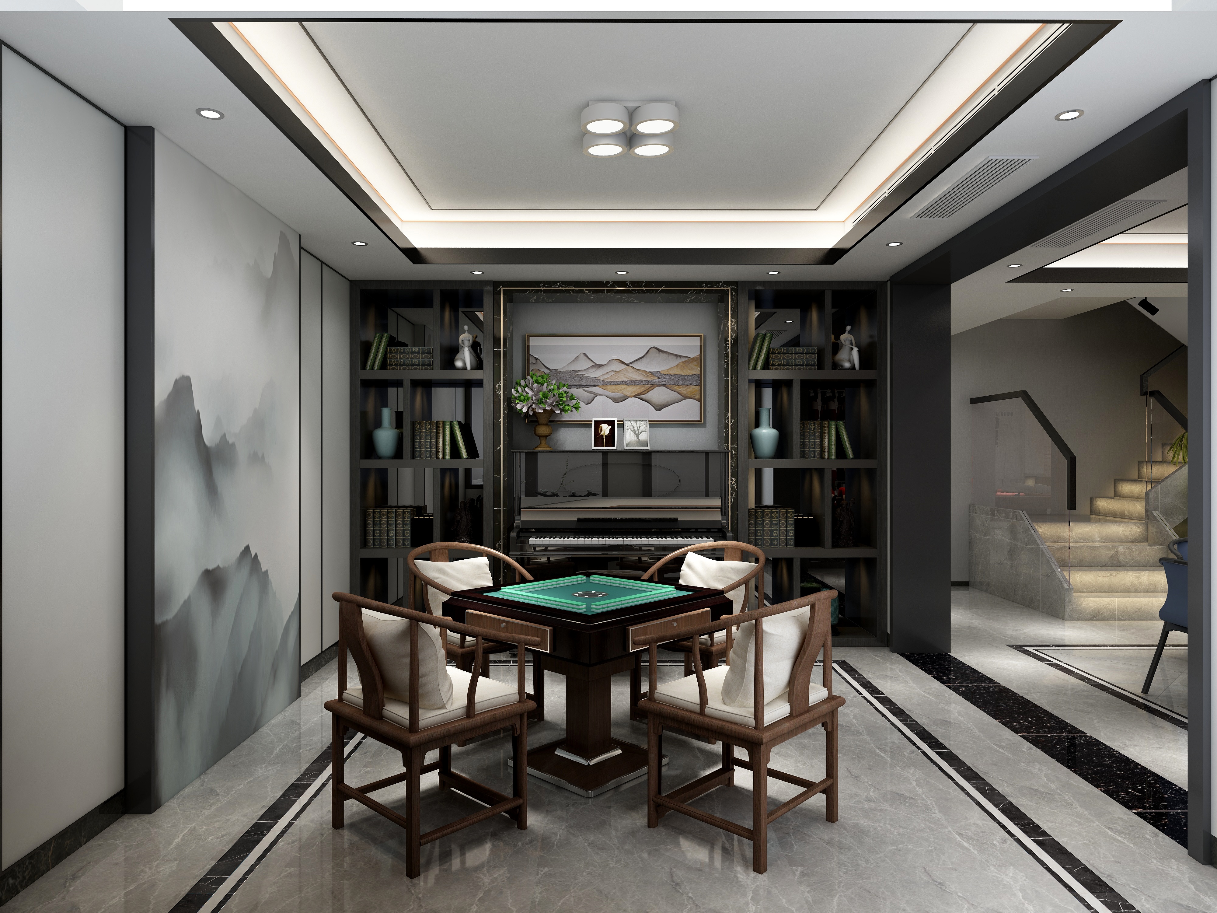 李青越-194㎡新中式别墅地下第一层棋牌娱乐区装修效果图第1张