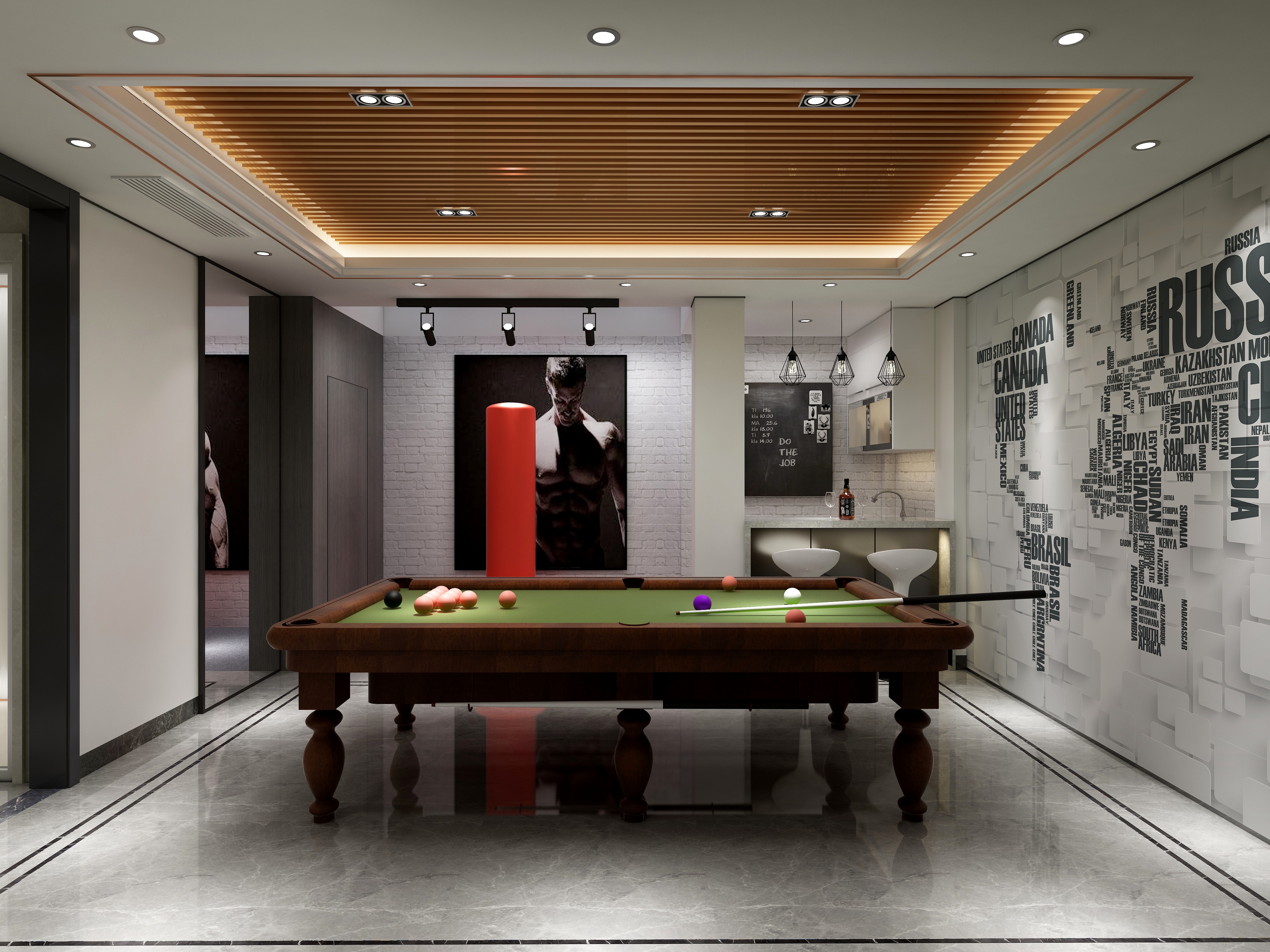 李青越-194㎡新中式别墅地下第一层桌球娱乐区装修效果图第1张