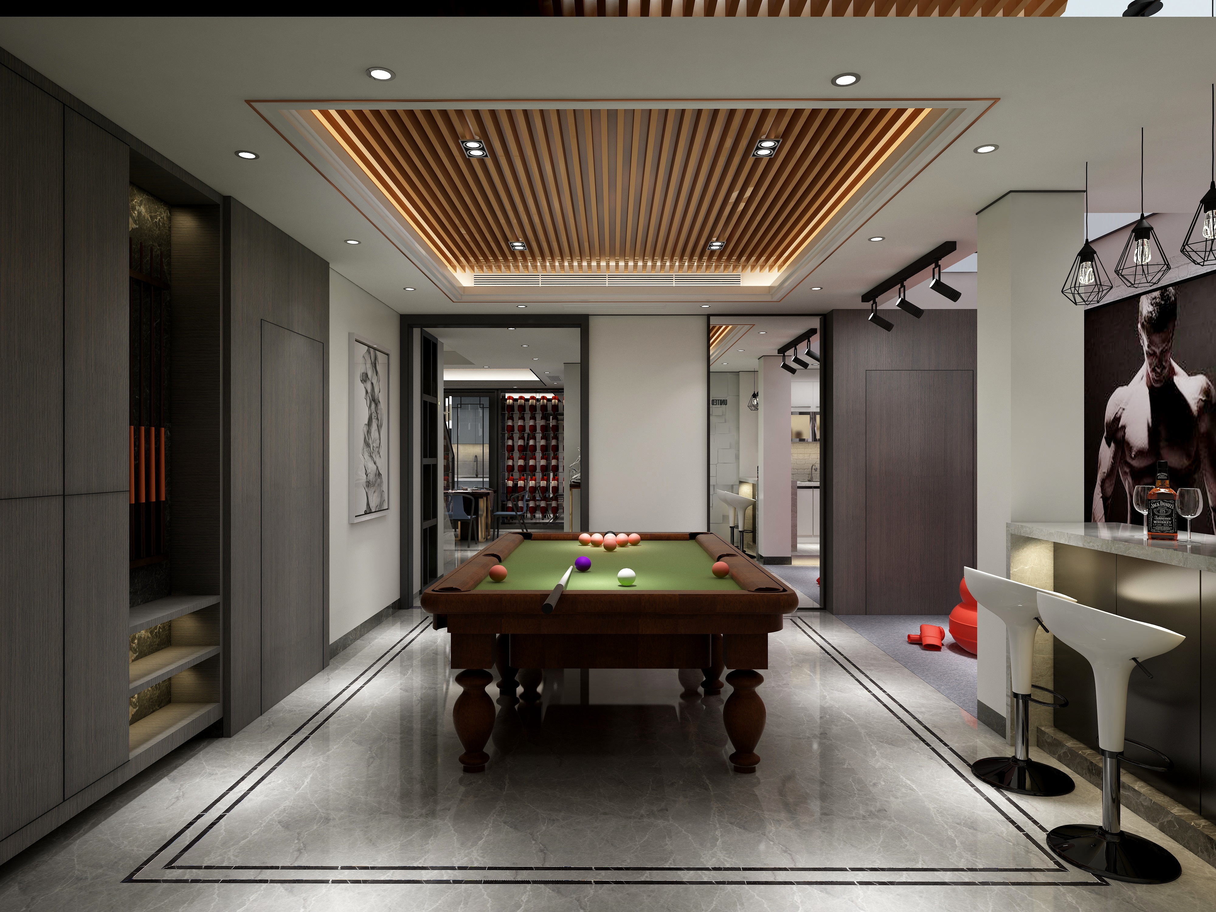 李青越-194㎡新中式别墅地下第一层桌球娱乐区装修效果图第3张