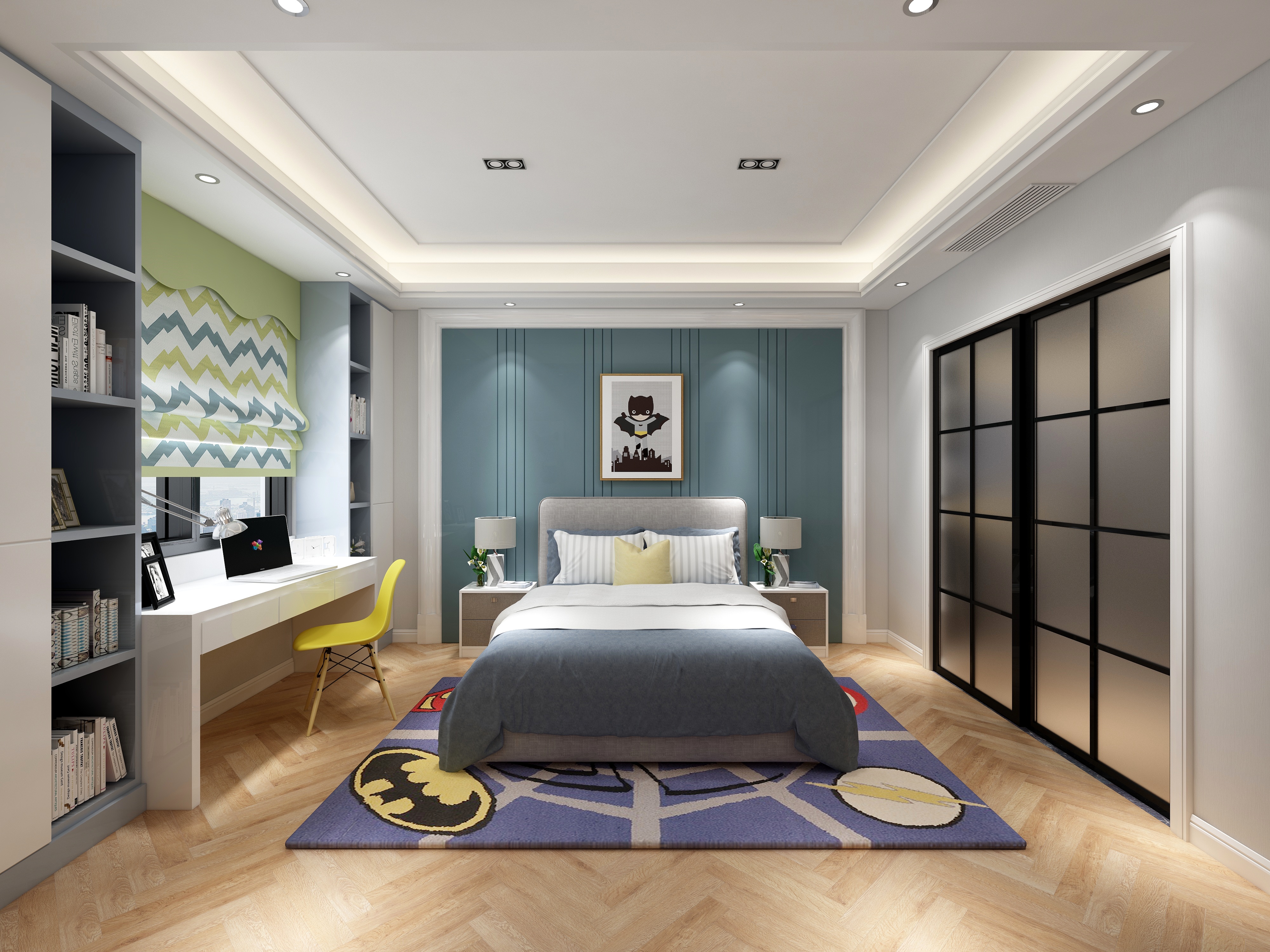 李青越-194㎡新中式别墅二层男孩房装修效果图第2张