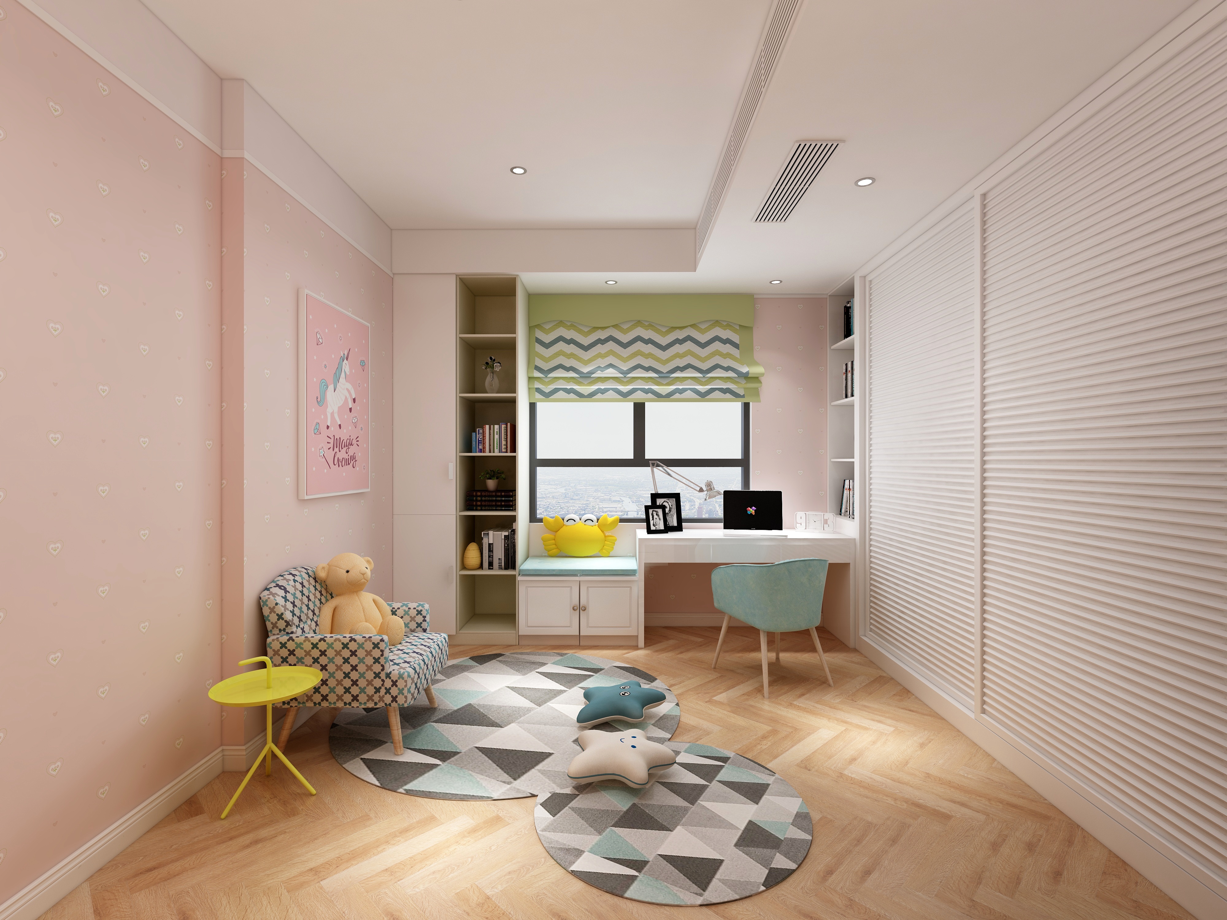 李青越-194㎡新中式别墅二层女孩房装修效果图第1张