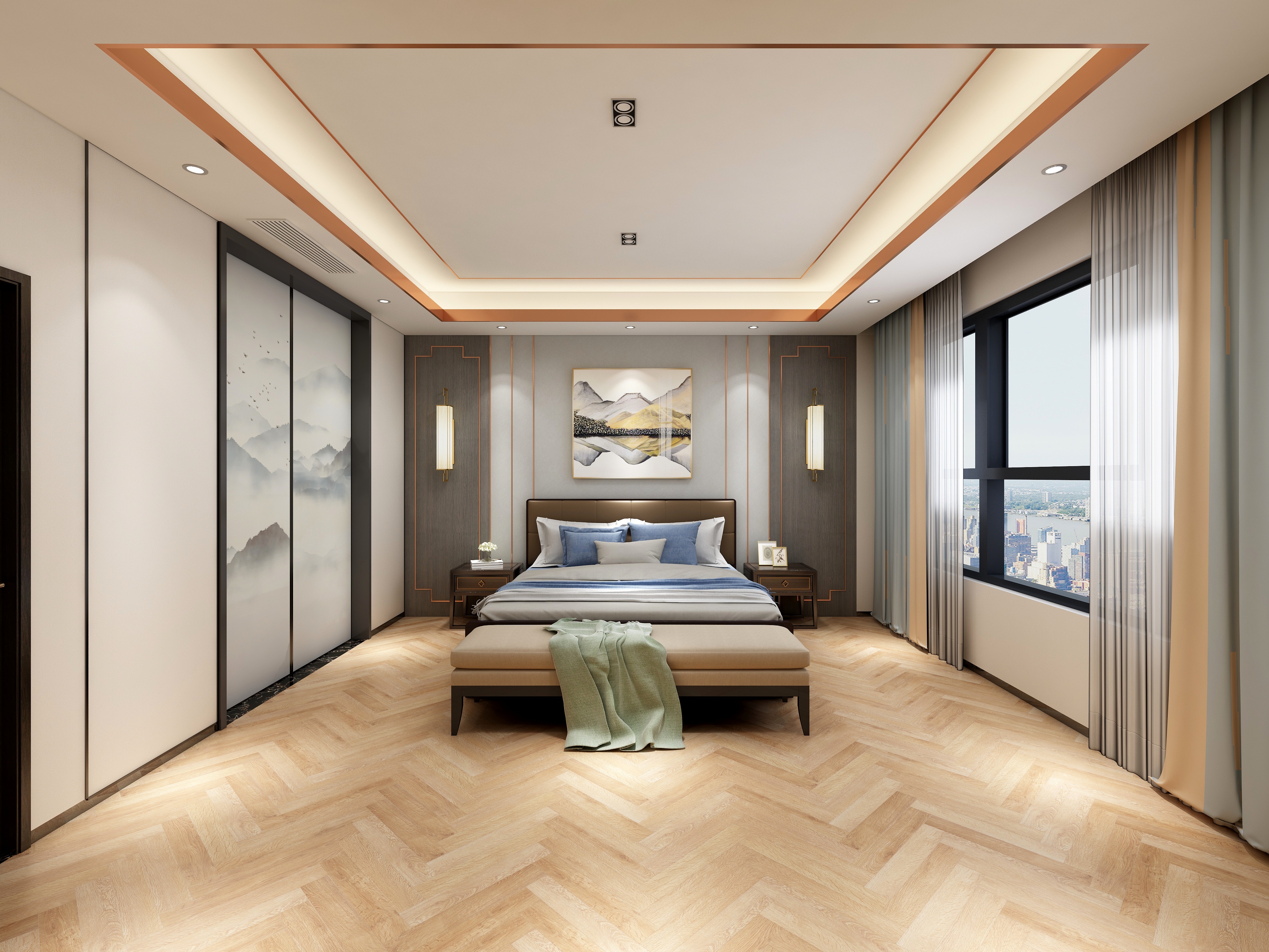 李青越-194㎡新中式别墅二层长辈房装修效果图第1张