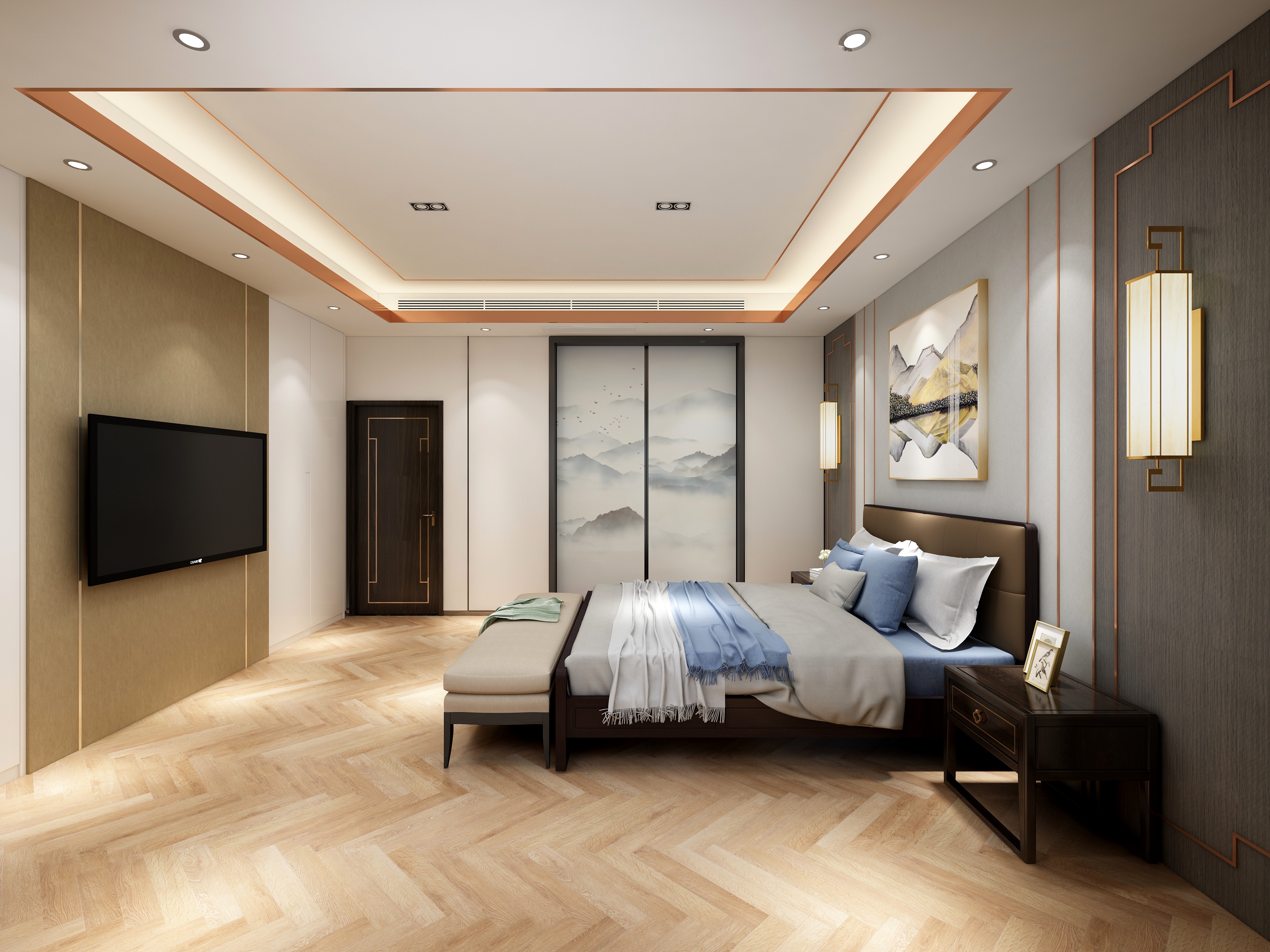 李青越-194㎡新中式别墅二层长辈房装修效果图第2张