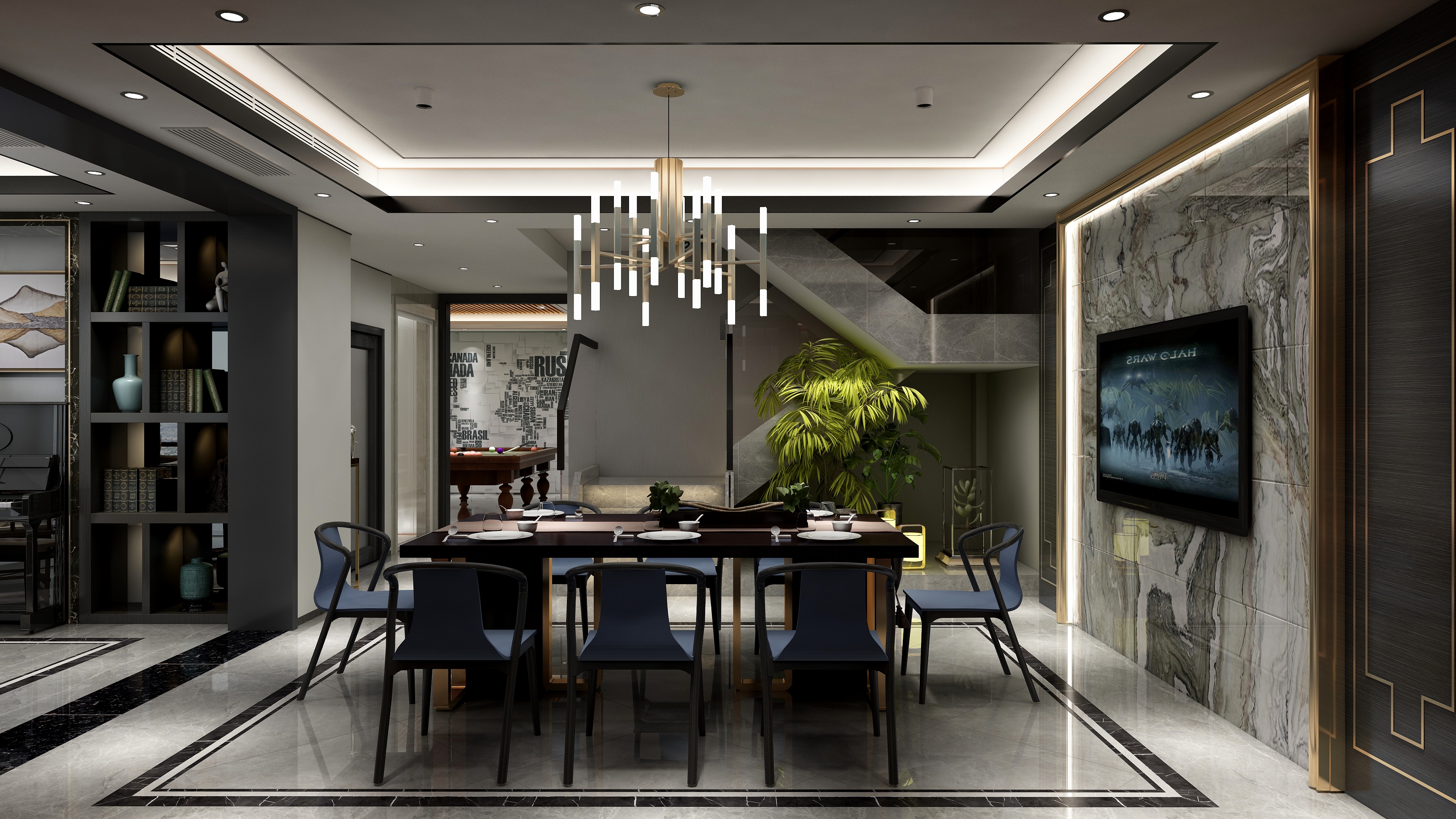 李青越-194㎡新中式别墅地下第一层餐厅装修效果图第3张