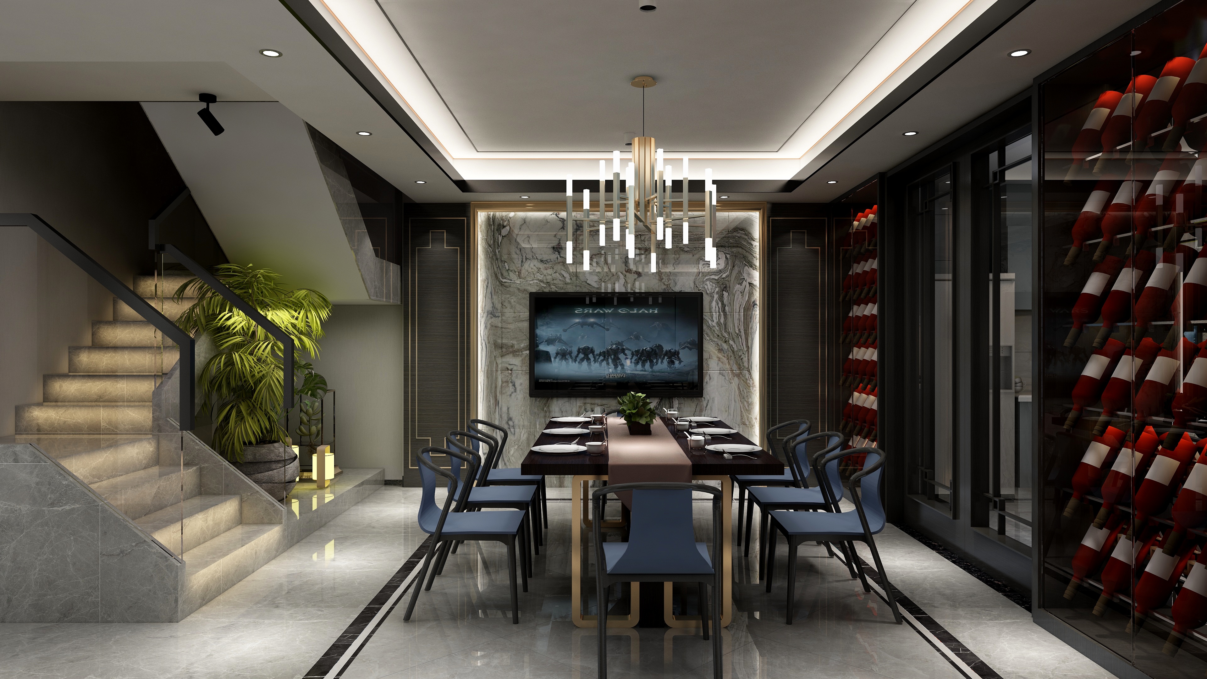 李青越-194㎡新中式别墅地下第一层餐厅装修效果图第2张