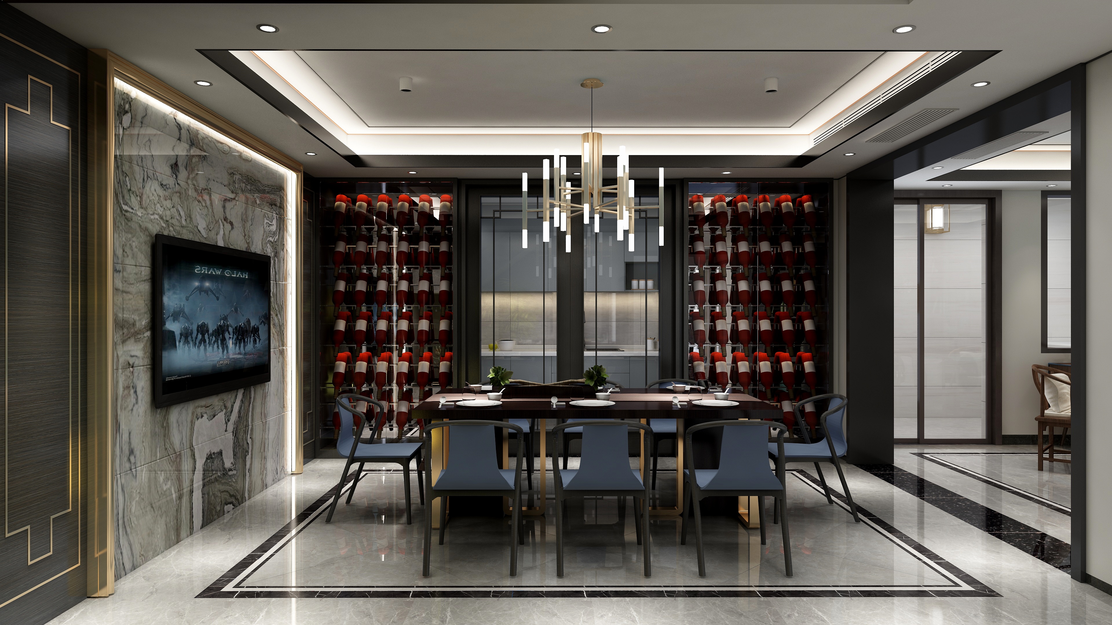 李青越-194㎡新中式别墅地下第一层餐厅装修效果图第4张