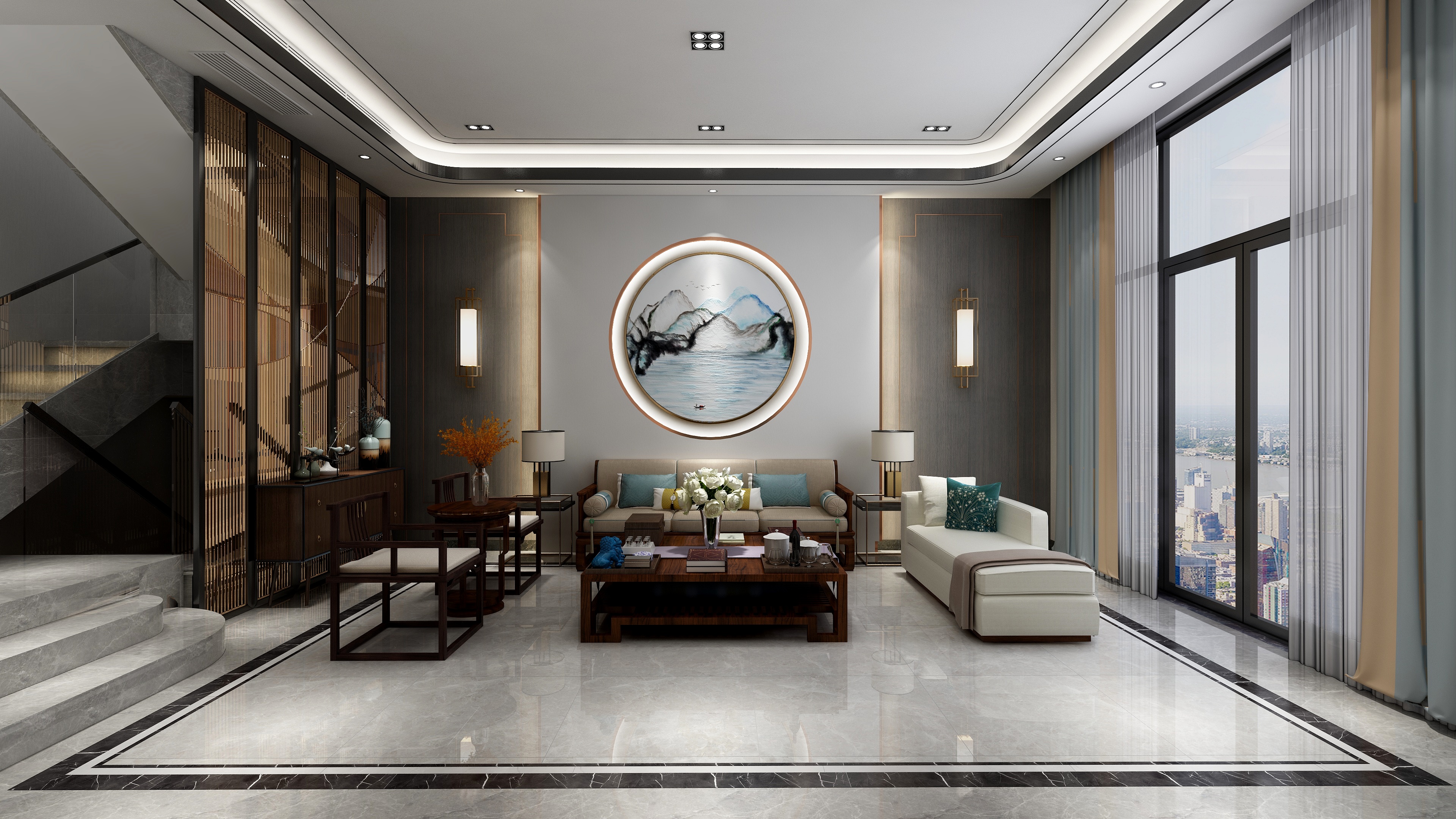 李青越-194㎡新中式别墅一层未命名装修效果图第3张