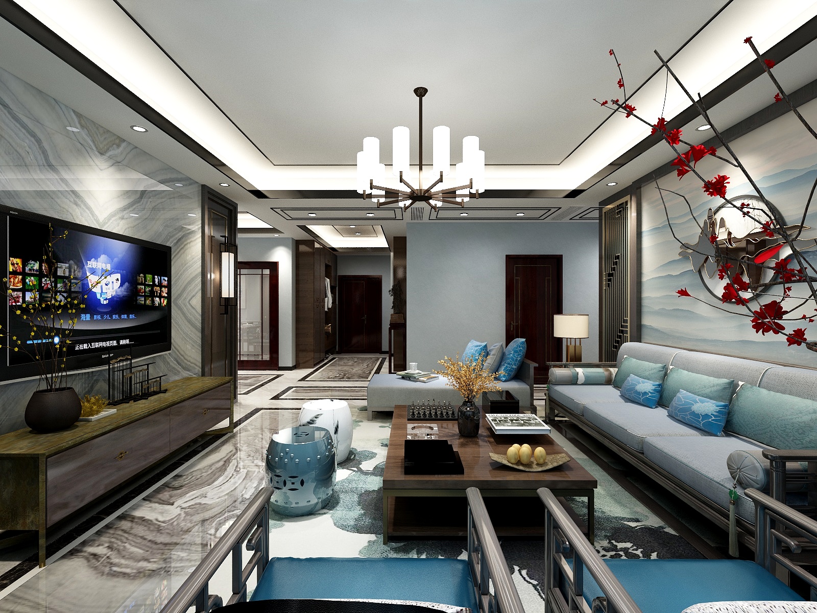 湛智华-新中式147平4房一层客餐厅装修效果图第1张