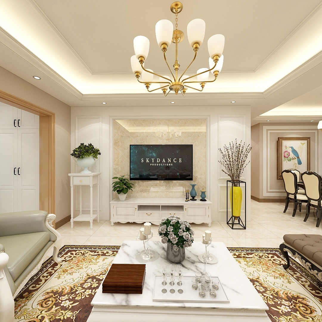 这个客厅空间非常宽敞明亮，以白色为主色调，营造了一种简约、干净的视觉效果。吊顶使用了回字形的设计，增加了空间的层次感。