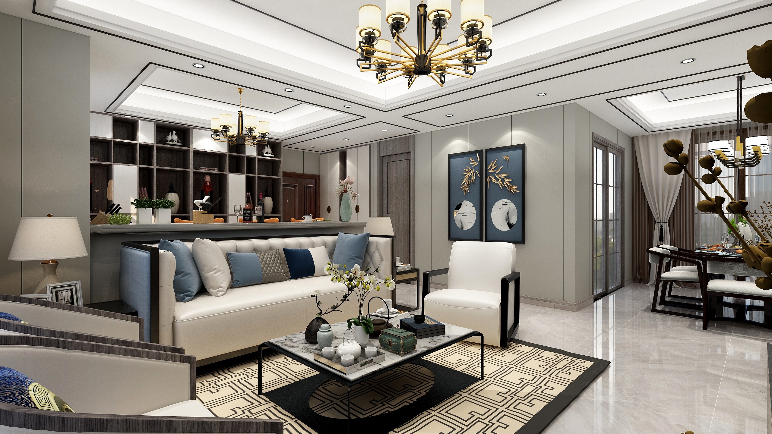 吴国虎-82方新中式客餐厅装修效果图