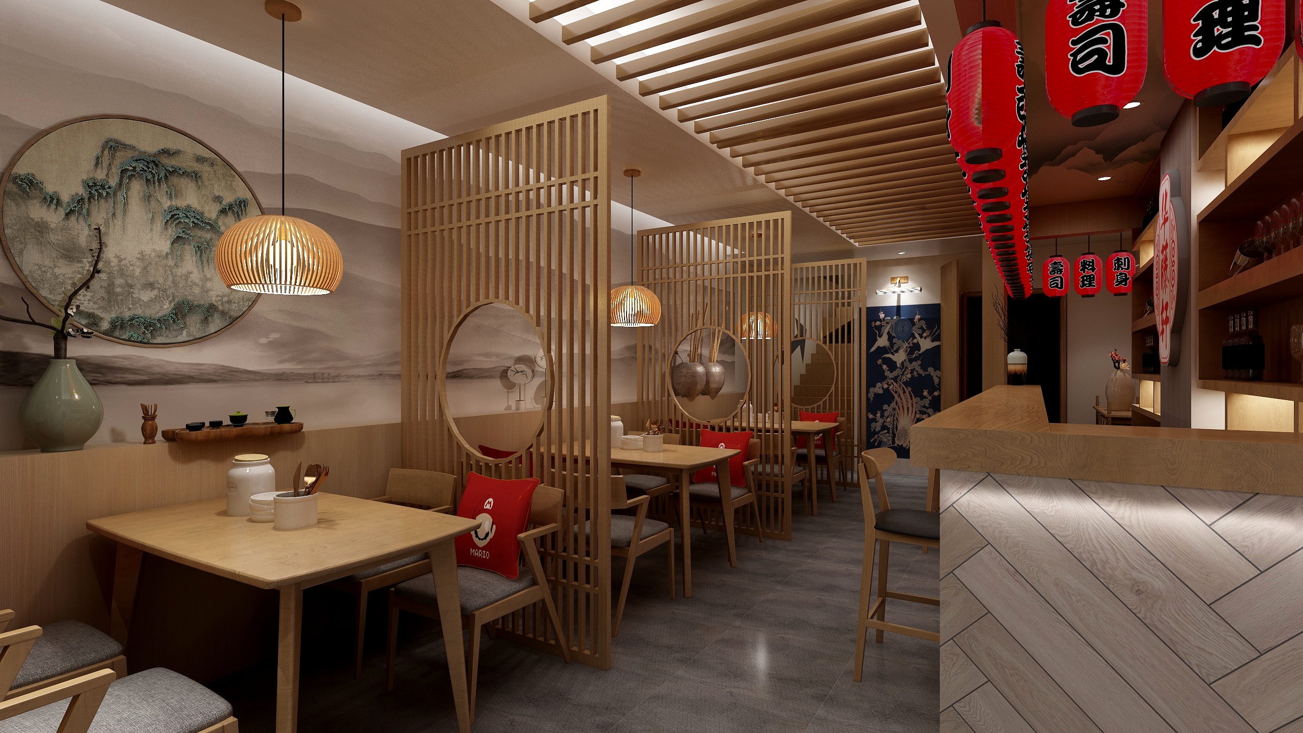 方案----46方日式料理店一层大厅装修效果图第1张