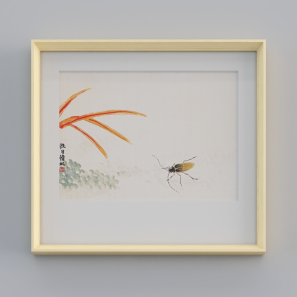 起贝现代单幅横款原木色实木框齐白石虫草52x47cm国画3D模型