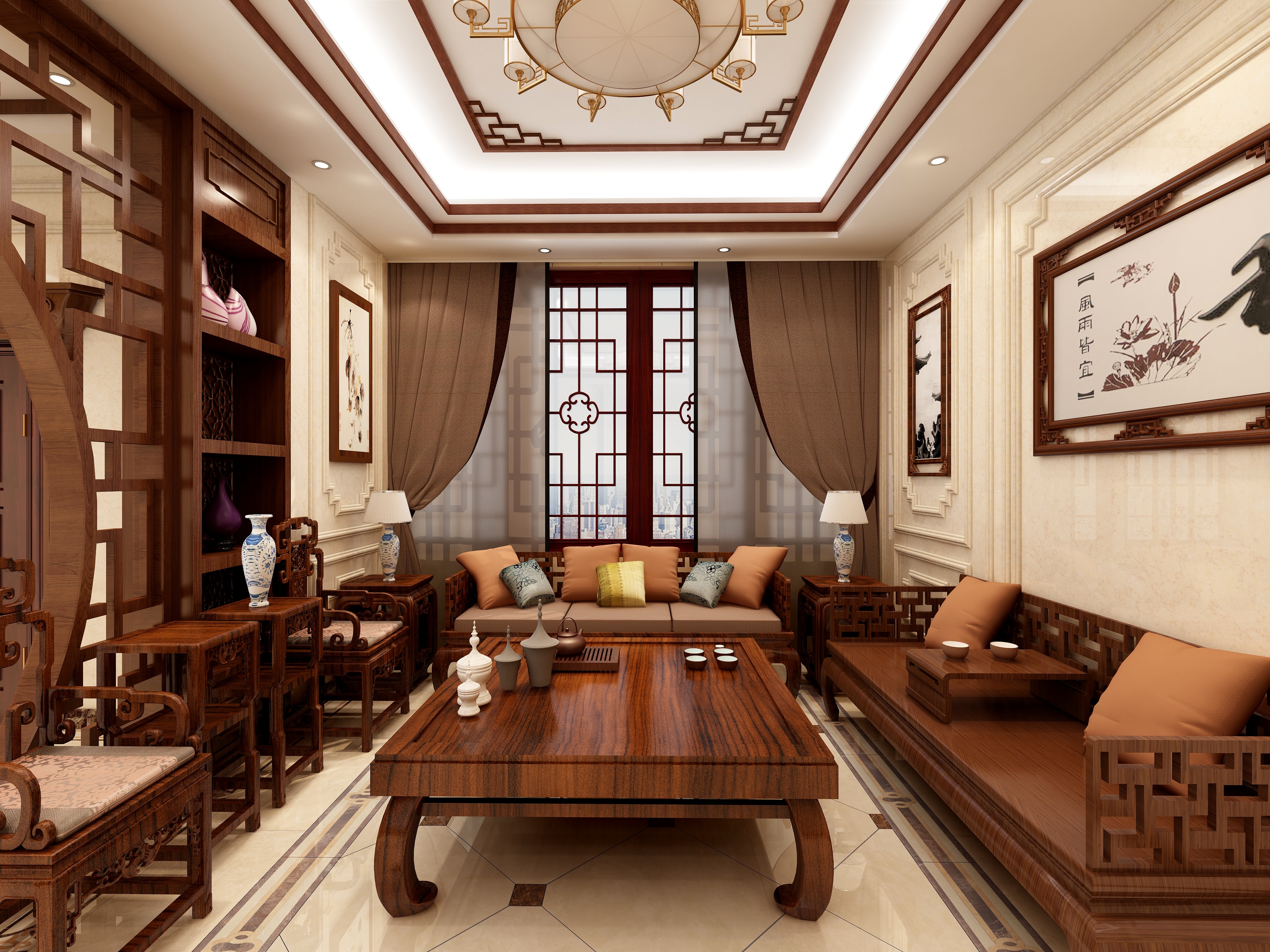 董小坡-91方中式客餐厅装修效果图