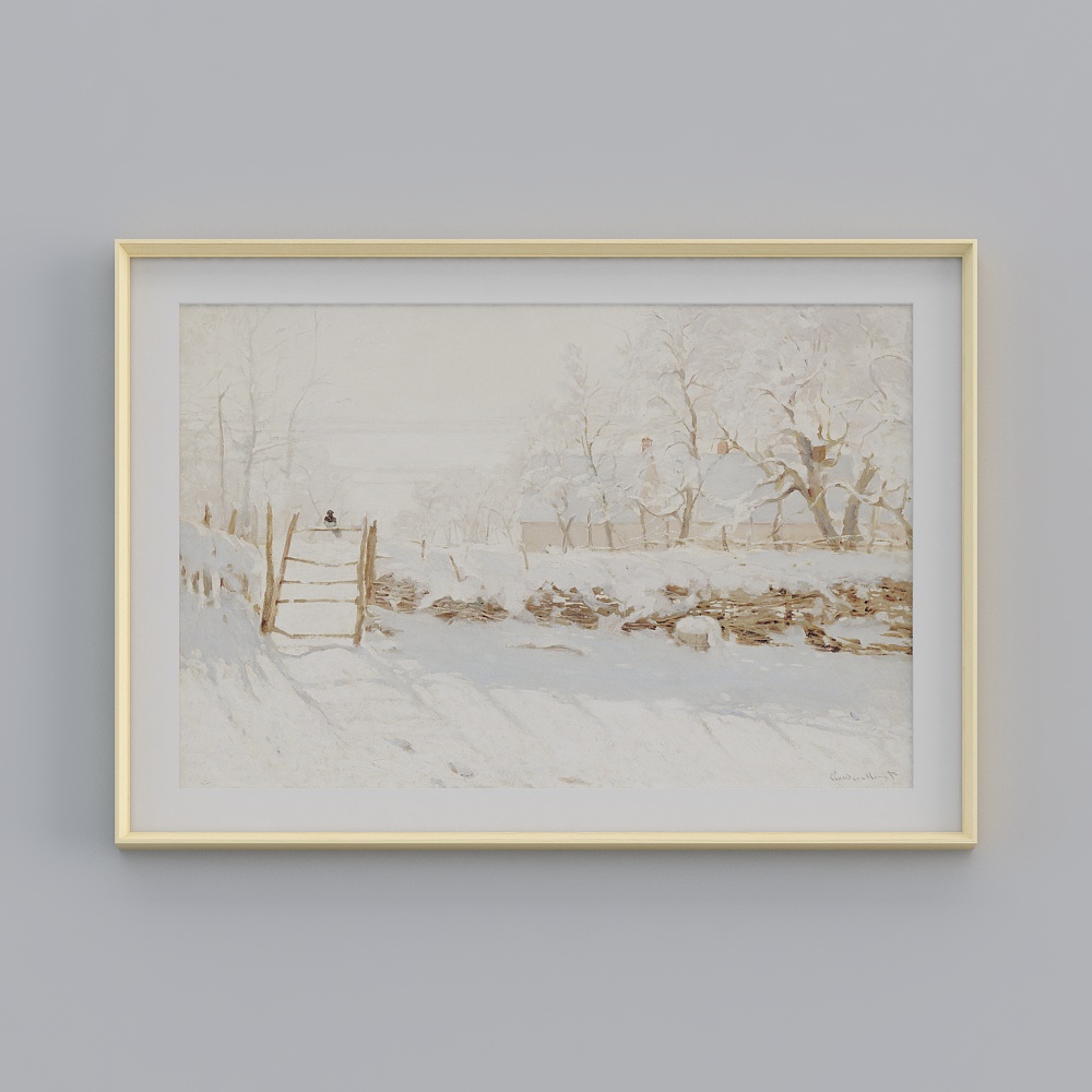 起贝现代单幅横款木色一字框喜鹊82x117cm莫奈雪景