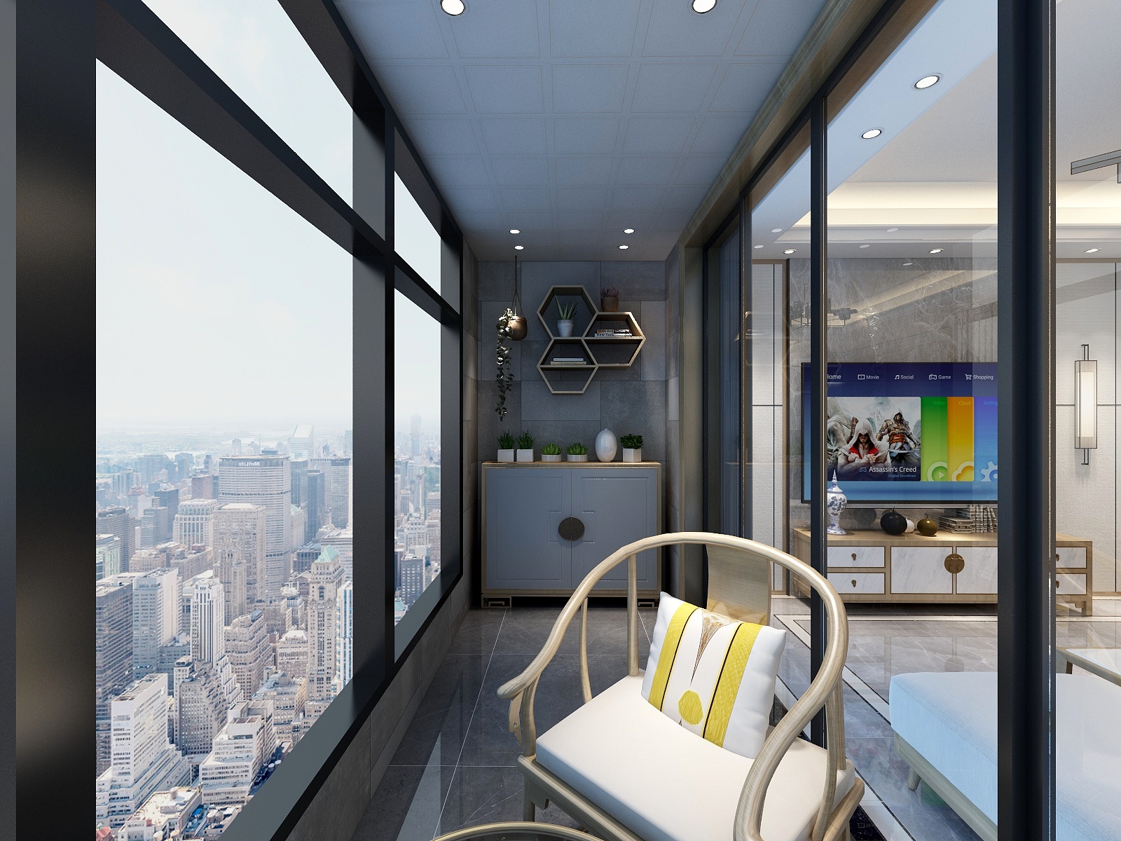 李青越-130方新中式两居一层阳台装修效果图第2张