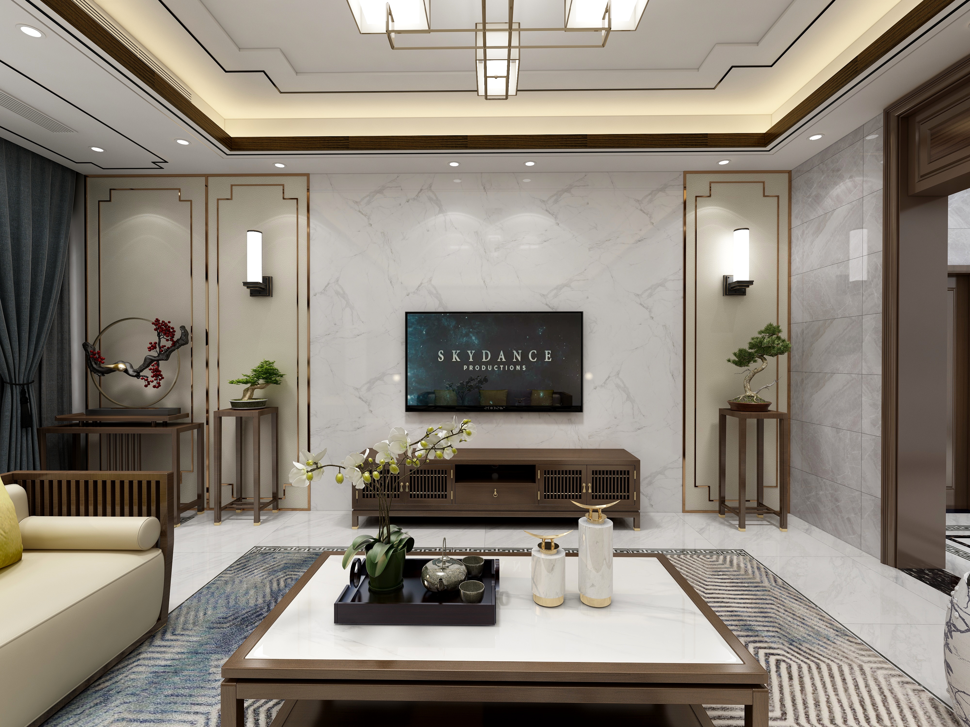 李振洋-239方新中式三居一层客厅装修效果图第1张