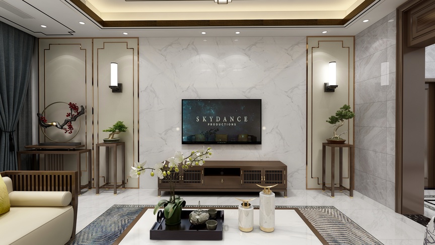 这个图是一个客厅的装修设计图，客厅的墙面是白色的，电视背景墙采用的也是白色大理石，显得非常高大上。在电视下方有棕色的木质电视柜，上面放着一台黑色的电视机，电视机的下方和两侧都摆放着一些植物，让空间更加有生机。在电视的左侧和右侧各摆放了一张木质的桌子，桌子上放着一些饰品，桌子的右侧还有一瓶插着绿色植物的花瓶，非常有生活气息。在桌子的前面坐着米色的沙发，沙发上还摆放了一个黄白色的抱枕。在沙发的右侧墙上挂着一扇门，门把手是金色的。在门的右侧墙角处还摆放了一张类似的桌子。在客厅的中央铺着一张黄白相间的地毯，地毯上放着一个黑色的茶几。茶几的上面还放着一个白色的花瓶和三个罐子。在客厅的吊顶里嵌着一排灯，地面是黄色的瓷砖，上面还有一块灰色的地毯。