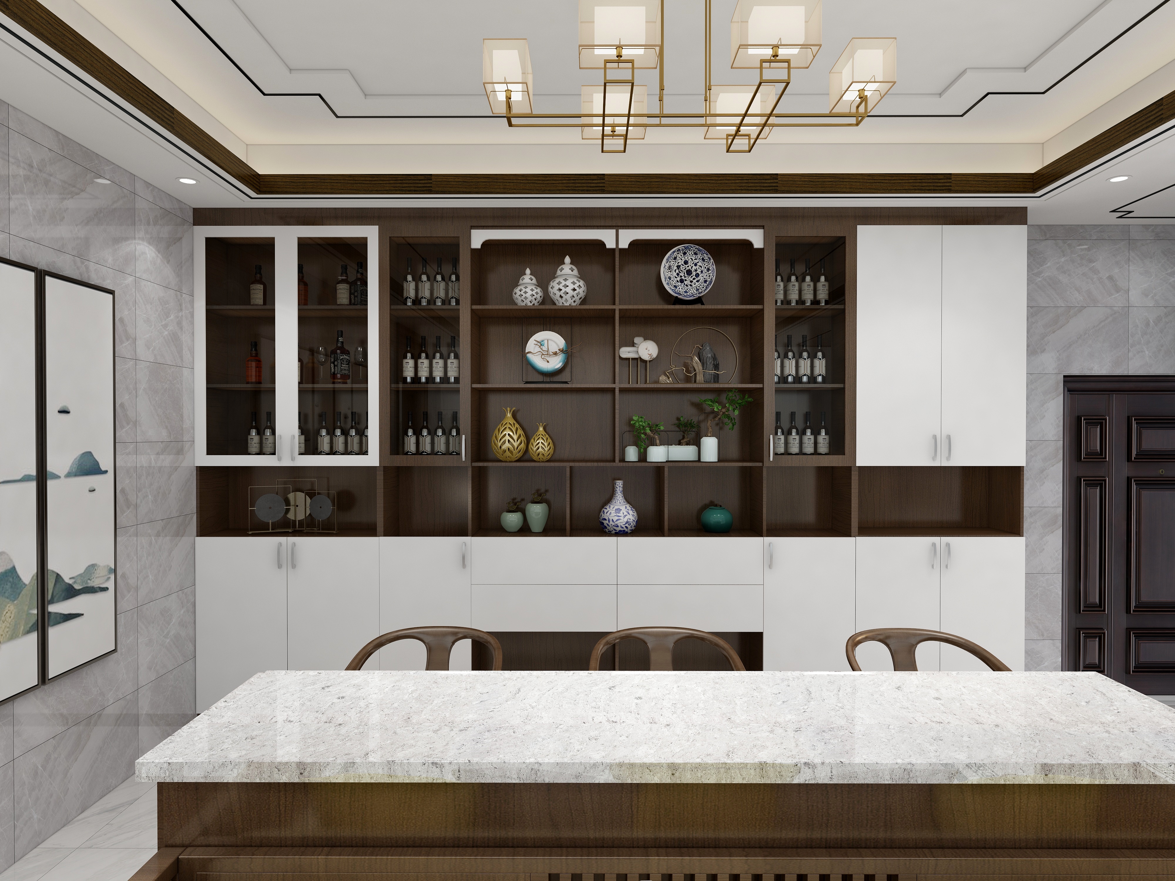 李振洋-239方新中式三居一层客厅装修效果图第5张