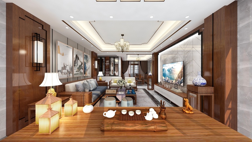 这个模型构建了一个客厅的场景。客厅的地面是木质的，给人一种温暖舒适的感觉。客厅的墙面是白色的，顶部是浅灰色的，这种颜色搭配让整个空间看起来更加宽敞明亮。