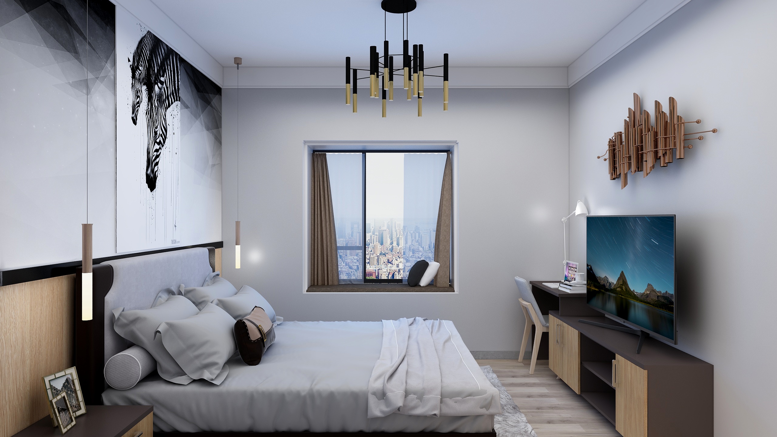 梅鹏-113方现代三居一层主卧装修效果图第2张