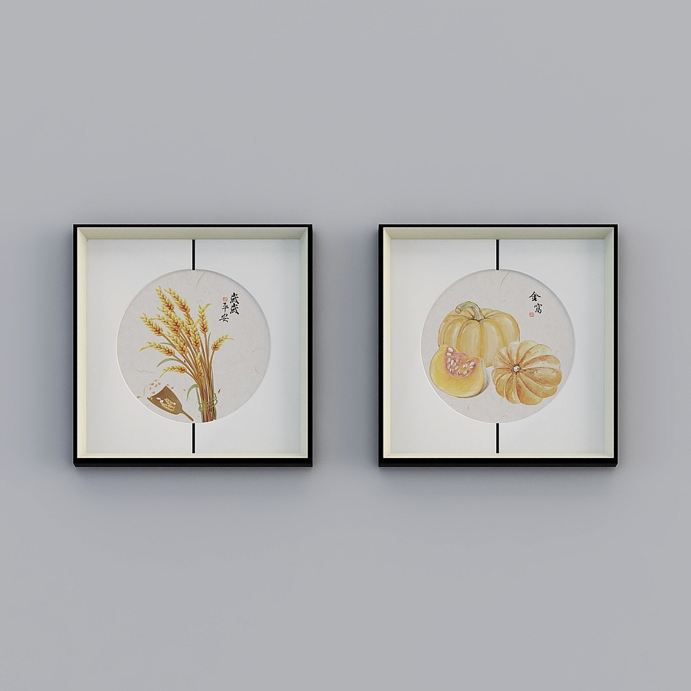 百特好新中式圆形中缝画银黑色框瓜果蔬菜餐厅55x55cm蔬菜bwclz-yf-bpp-6