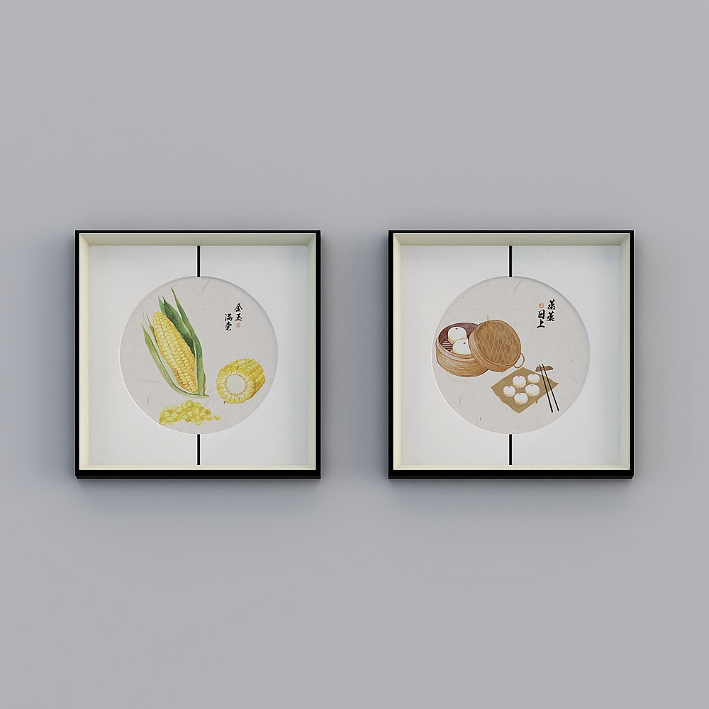 百特好新中式圆形中缝画银黑色框瓜果蔬菜餐厅55x55cm蔬菜bwclz-yf-bpp-6