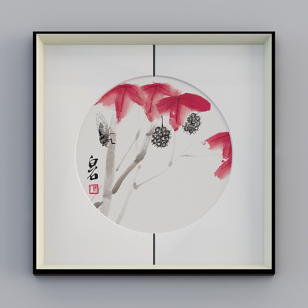 百特好新中式齐白石画客厅中缝画银黑色框65x65厘米花鸟bwhxd-yf-bpp-5