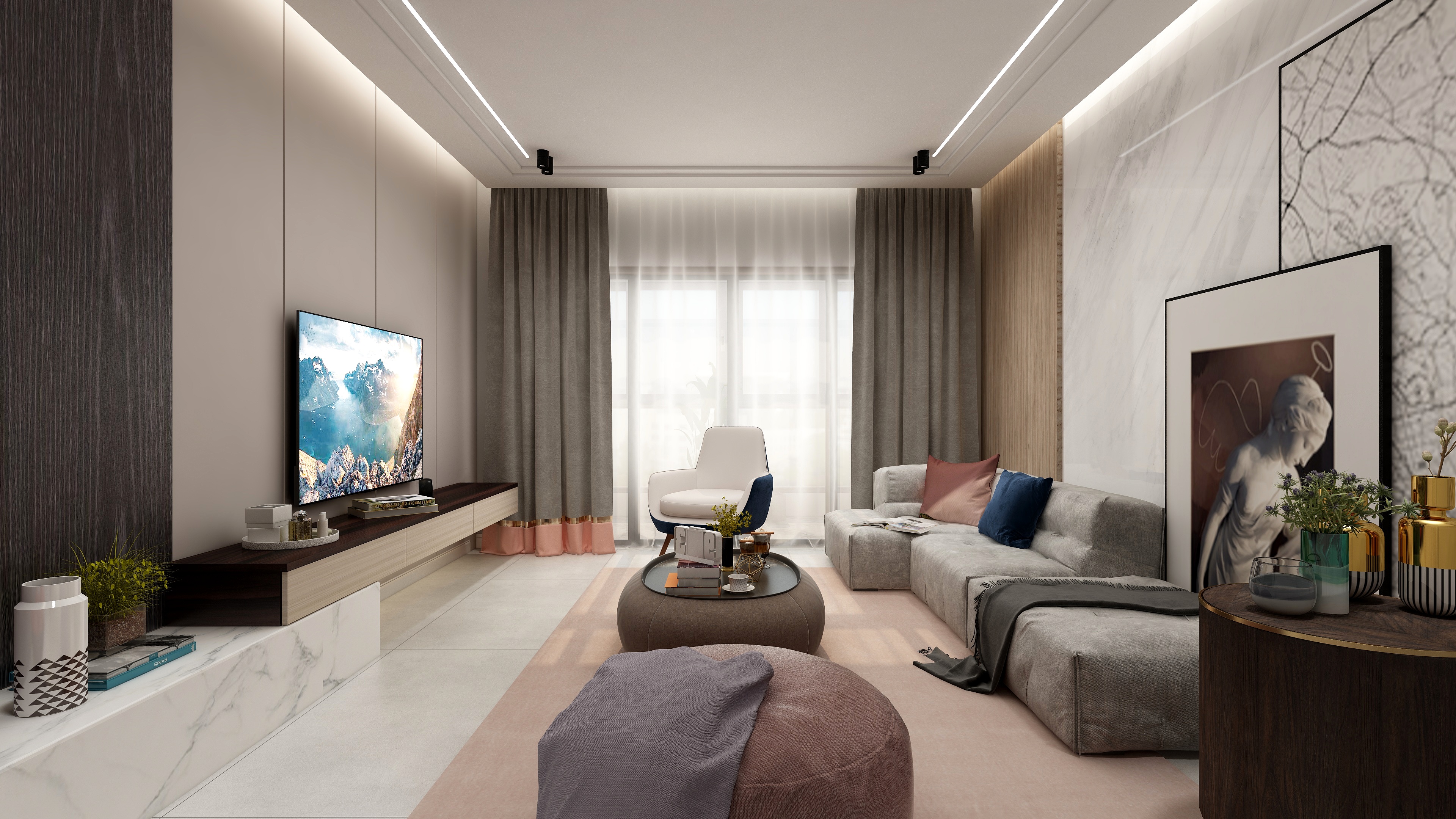 水木芸居设计-现代优雅风《诗里寻》一层客厅装修效果图第3张